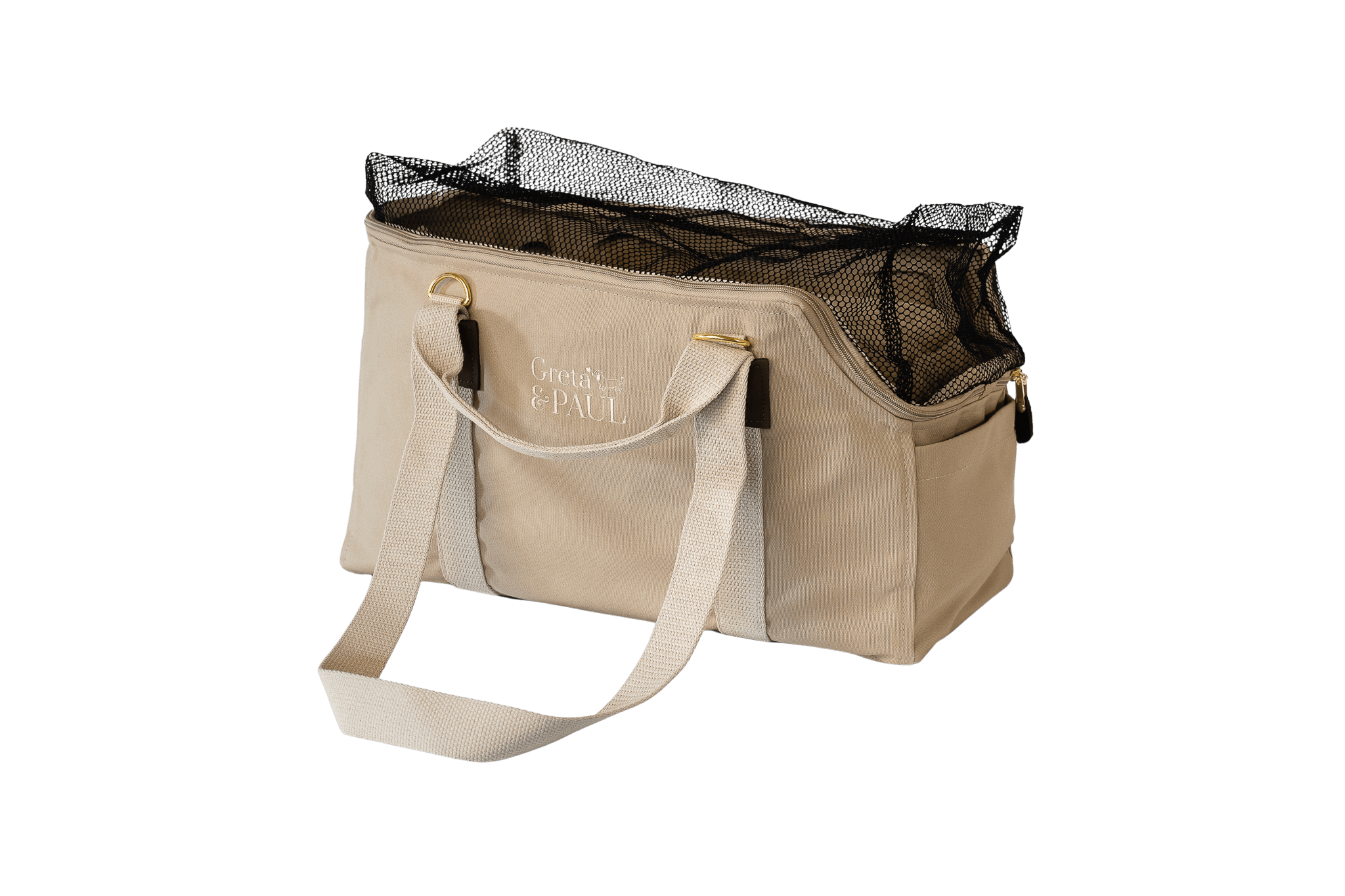 Gretas Hundetasche aus der Sommer-Kollektion in Beige mit beige-goldfarbenem Flausch-Inlay, Ansicht mit geschlossenem Netz