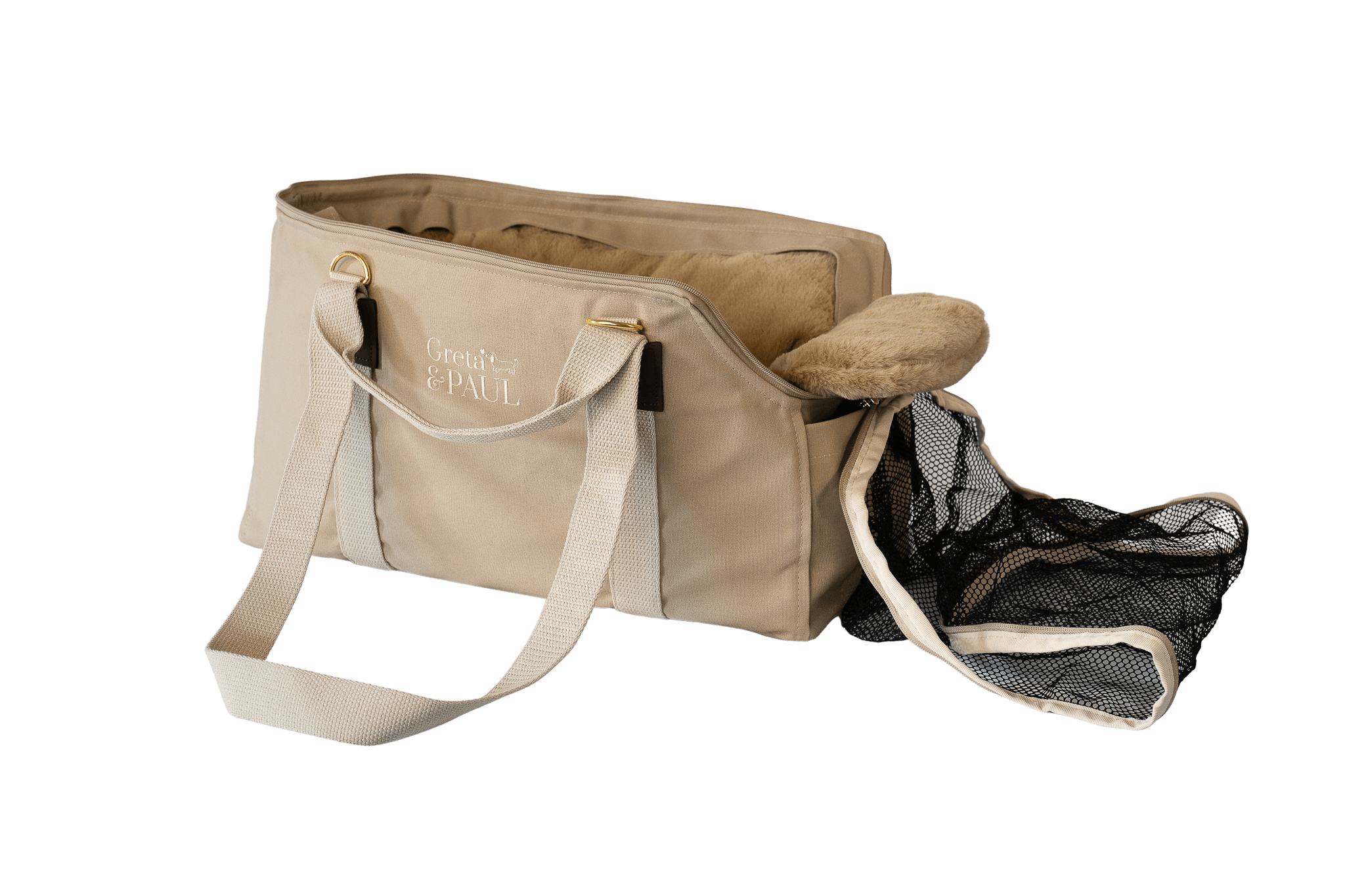 Gretas Hundetasche der Sommer-Kollektion in Beige mit beige-goldfarbenem Flausch-Inlay, offene Ansicht mit Sicherheitsnetz