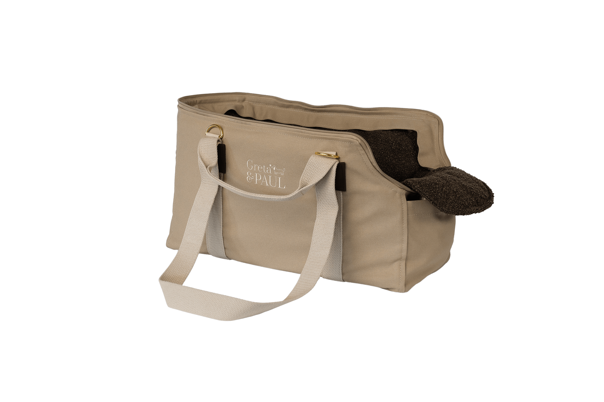 Gretas Hundetasche aus der Sommer-Kollektion in Beige mit braunem Bouclé-Inlay, Ansicht mit verstautem Netz