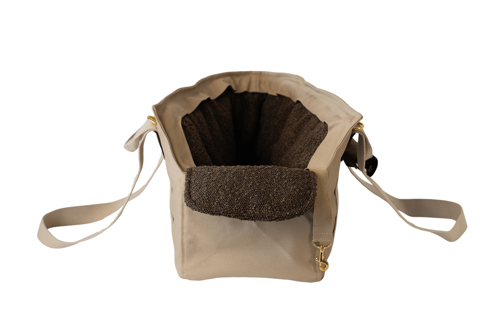 Gretas Hundetasche aus der Sommer-Kollektion in Beige mit braunem Bouclé-Inlay, Vorderansicht, ohne Netz