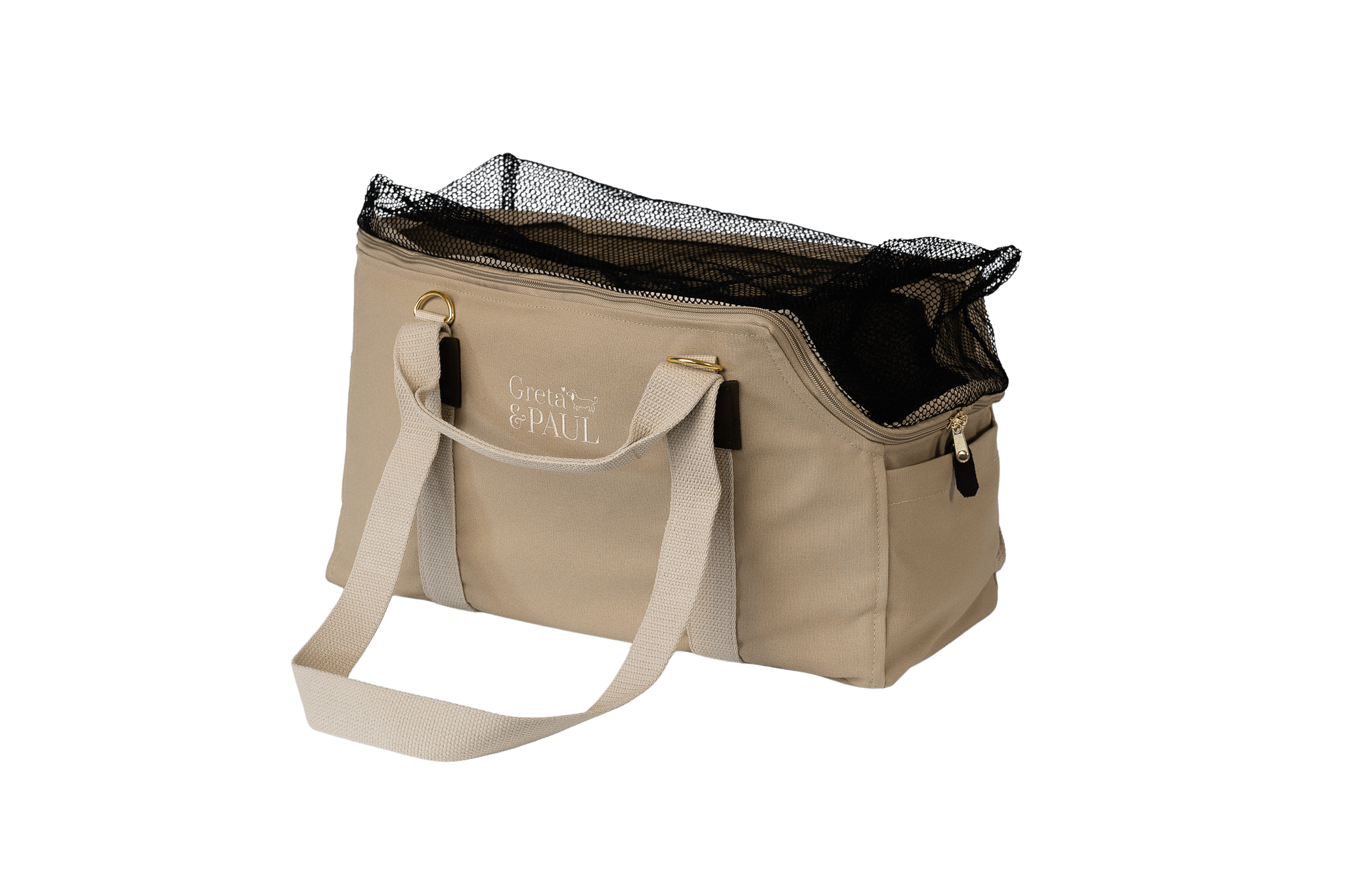 Gretas Hundetasche aus der Sommer-Kollektion in Beige mit braunem Bouclé-Inlay, Ansicht mit geschlossenem Netz