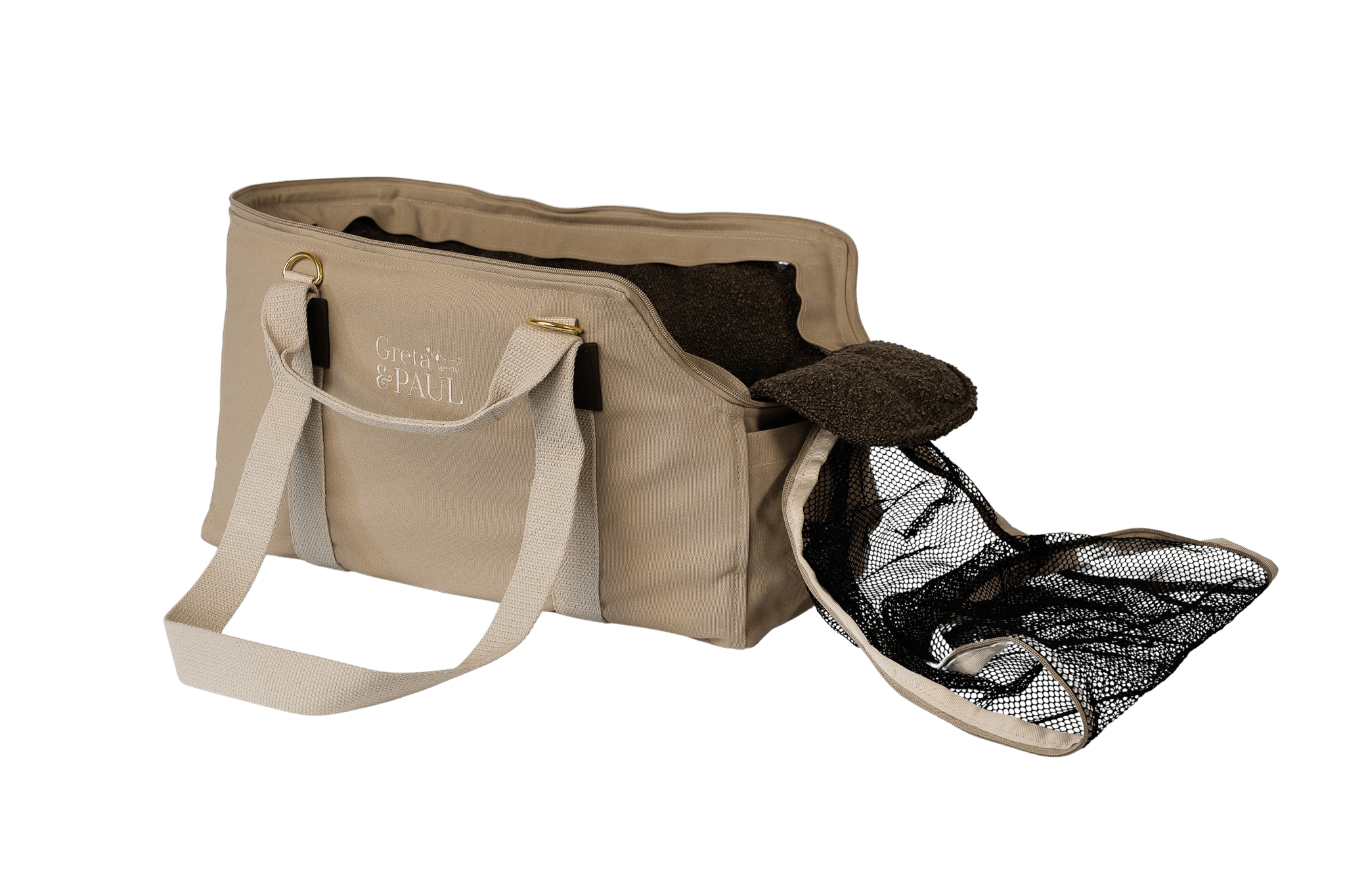 Gretas Hundetasche der Sommer-Kollektion in Beige mit braunem Bouclé-Inlay, offene Ansicht mit Sicherheitsnetz