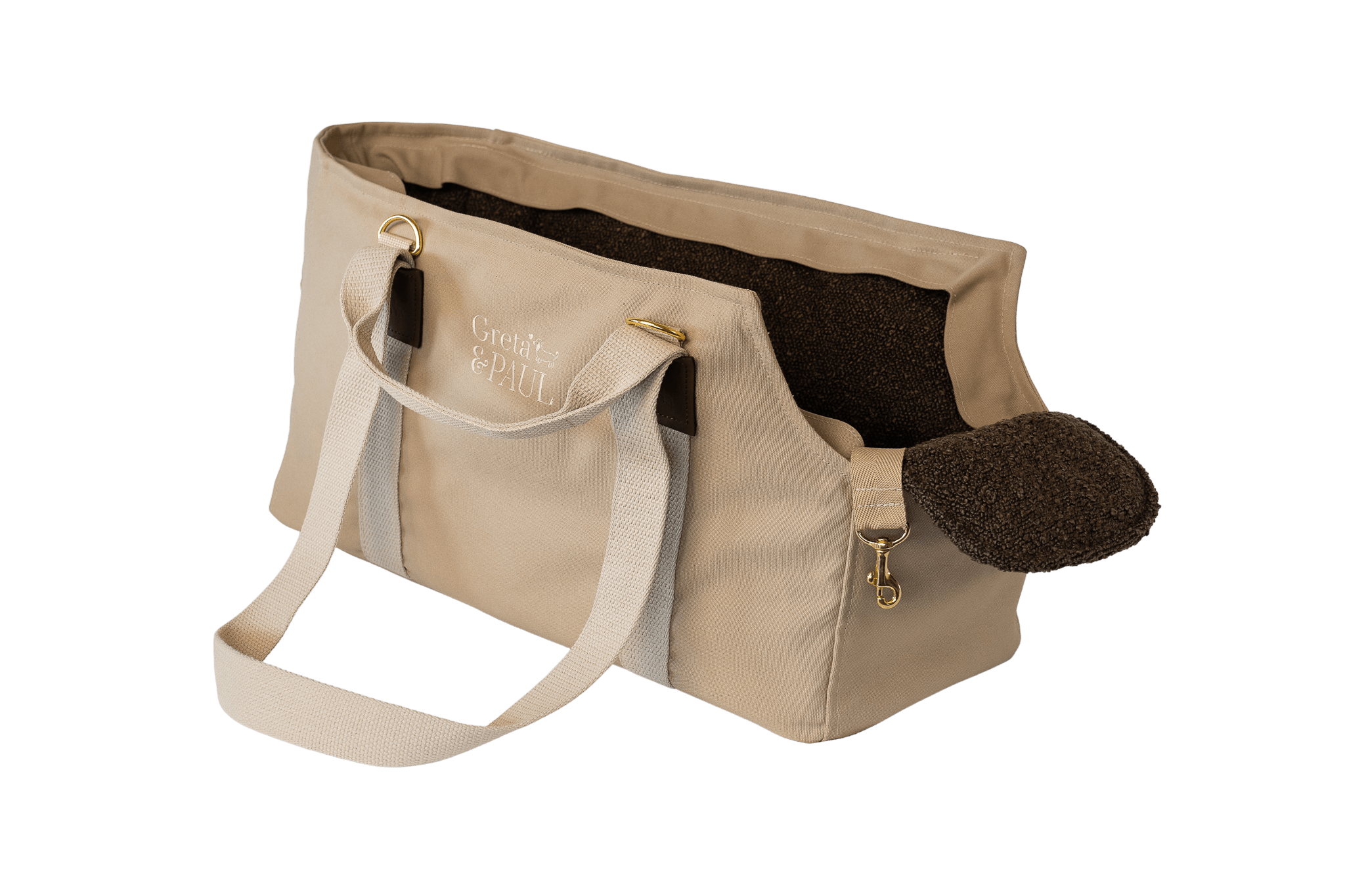 Gretas Hundetasche aus der Sommer-Kollektion in Beige mit braunem Bouclé-Inlay, ohne Netz