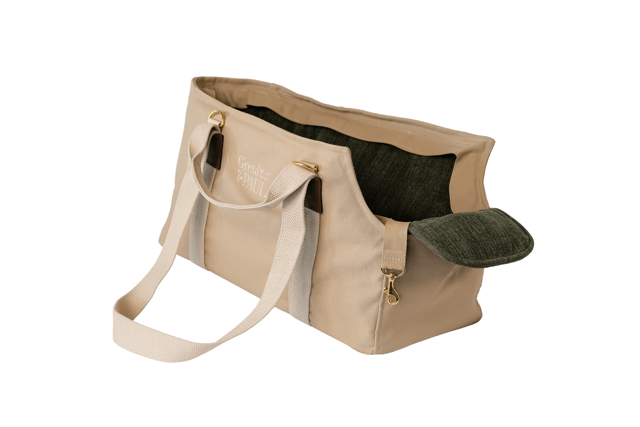 Gretas Hundetasche aus der Sommer-Kollektion in Beige mit olivgrünem Leinen-Inlay, ohne Netz