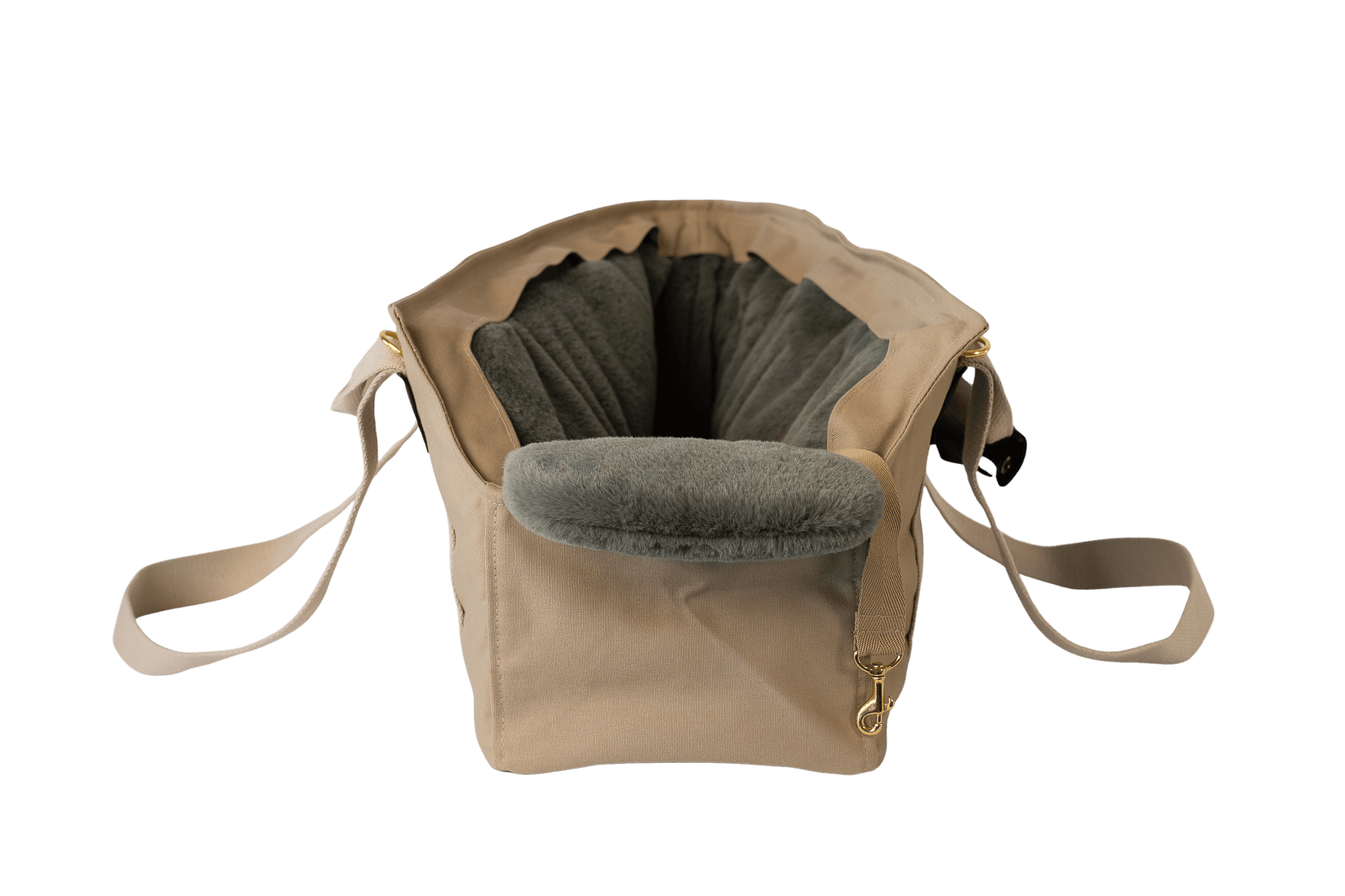 Gretas Hundetasche aus der Sommer-Kollektion in Beige mit grau-grün-Inlay, Vorderansicht, ohne Netzsilbernen Flausch