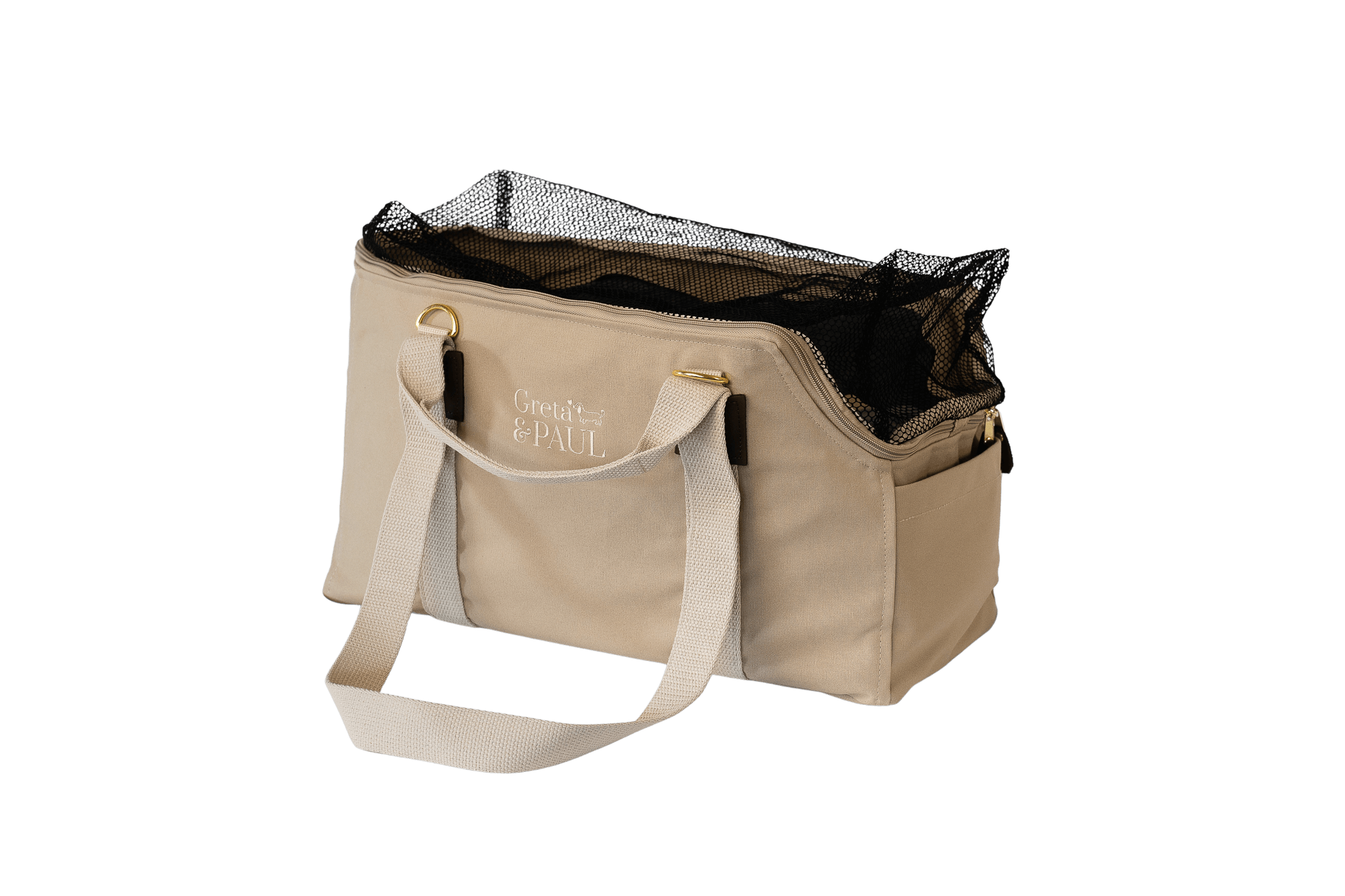 Gretas Hundetasche aus der Sommer-Kollektion in Beige mit grau-grün-silbernem Flausch-Inlay, Ansicht mit geschlossenem Netz