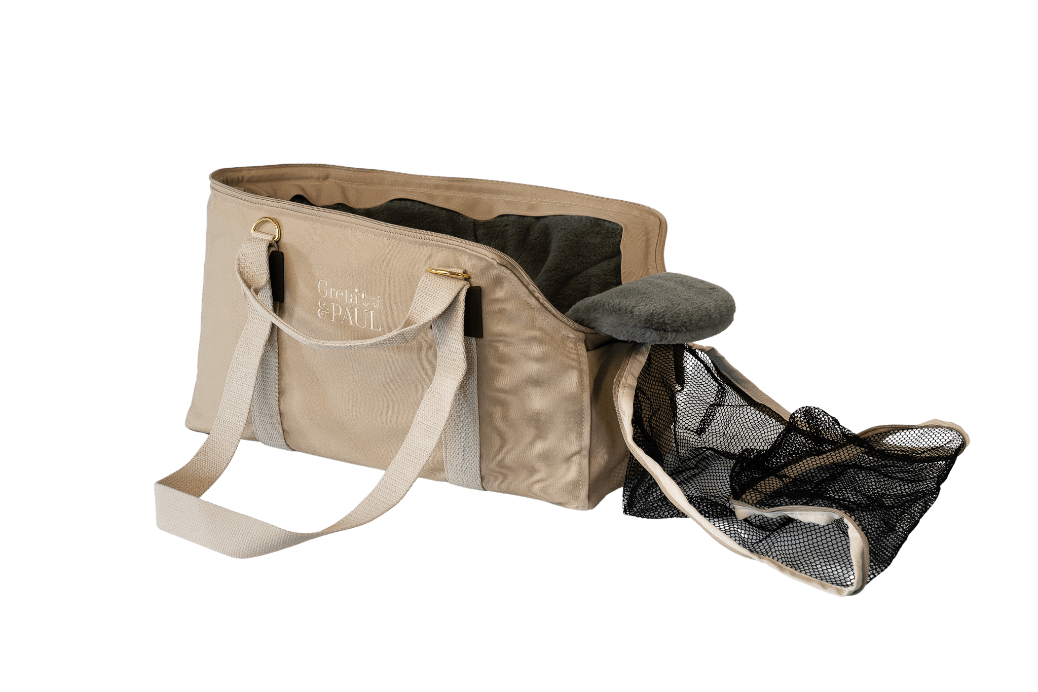 Gretas Hundetasche der Sommer-Kollektion in Beige mit grau-grün-silbernen Flausch-Inlay, offene Ansicht mit Sicherheitsnetz