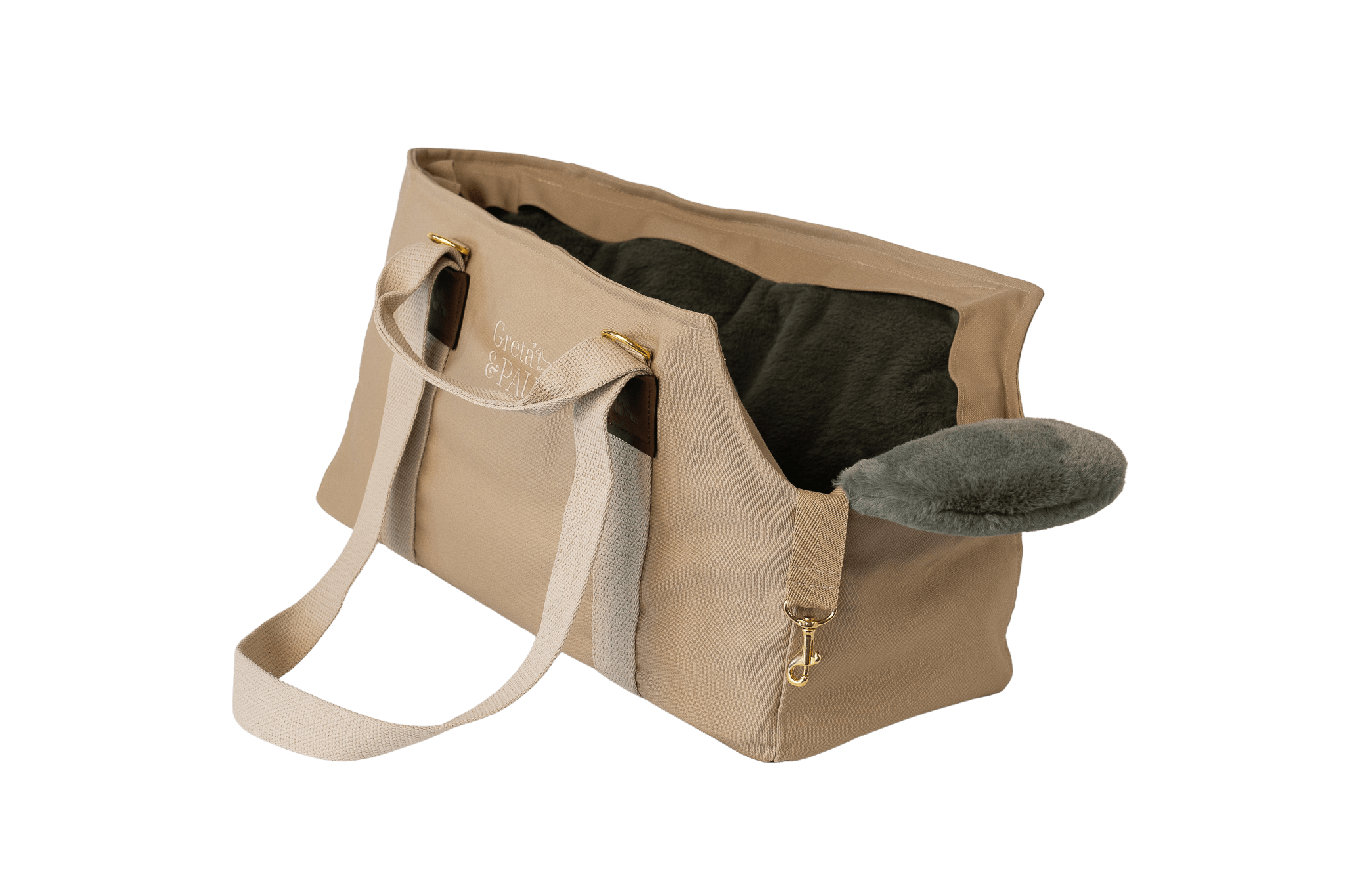 Gretas Hundetasche aus der Sommer-Kollektion in Beige mit grau-grün-silbernem Flausch-Inlay, ohne Netz