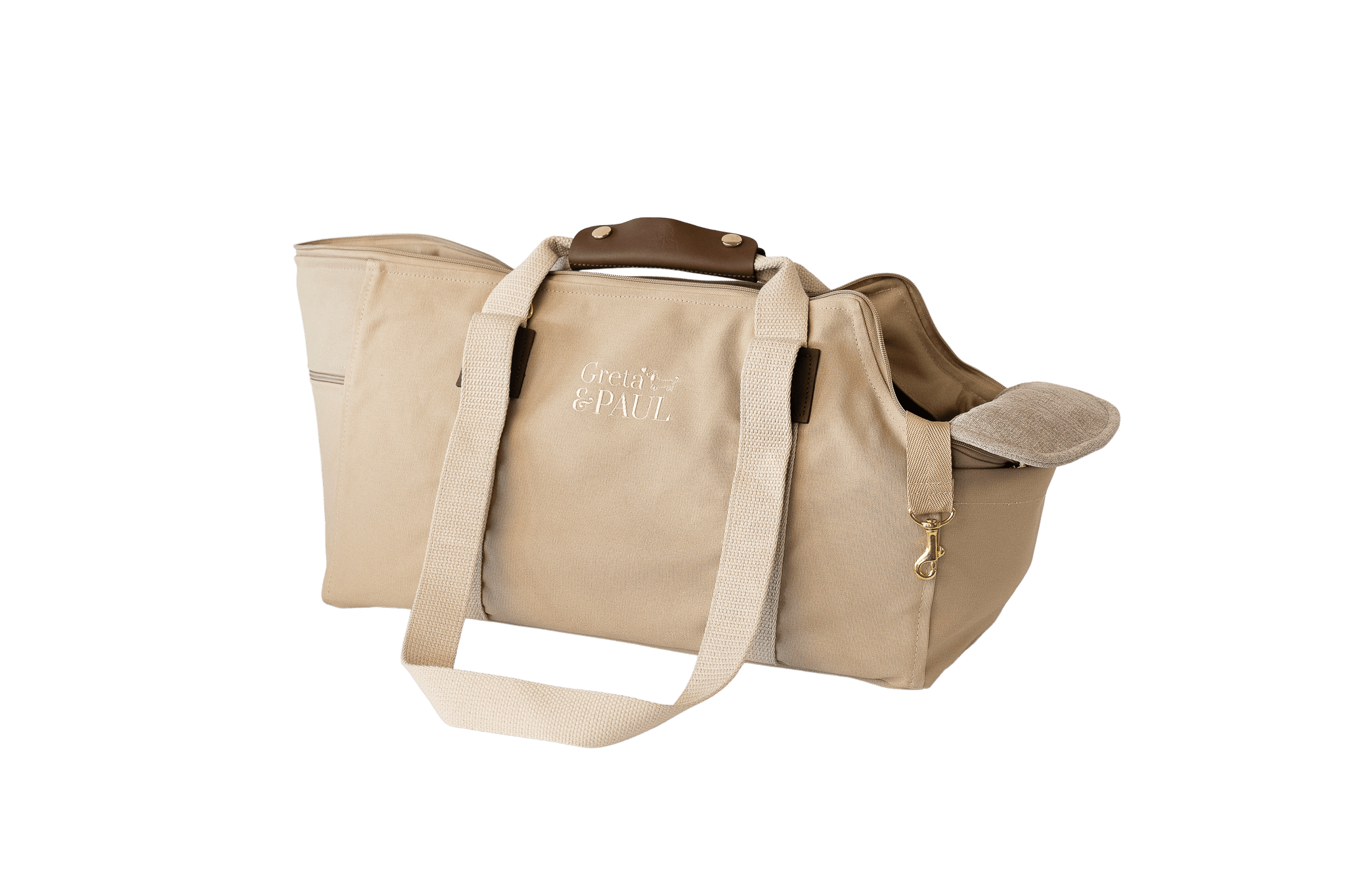 Gretas Hundetasche aus der Sommer-Kollektion in Beige mit hellbeigefarbenem Leinen-Inlay, Trageansicht mit verstautem Netz