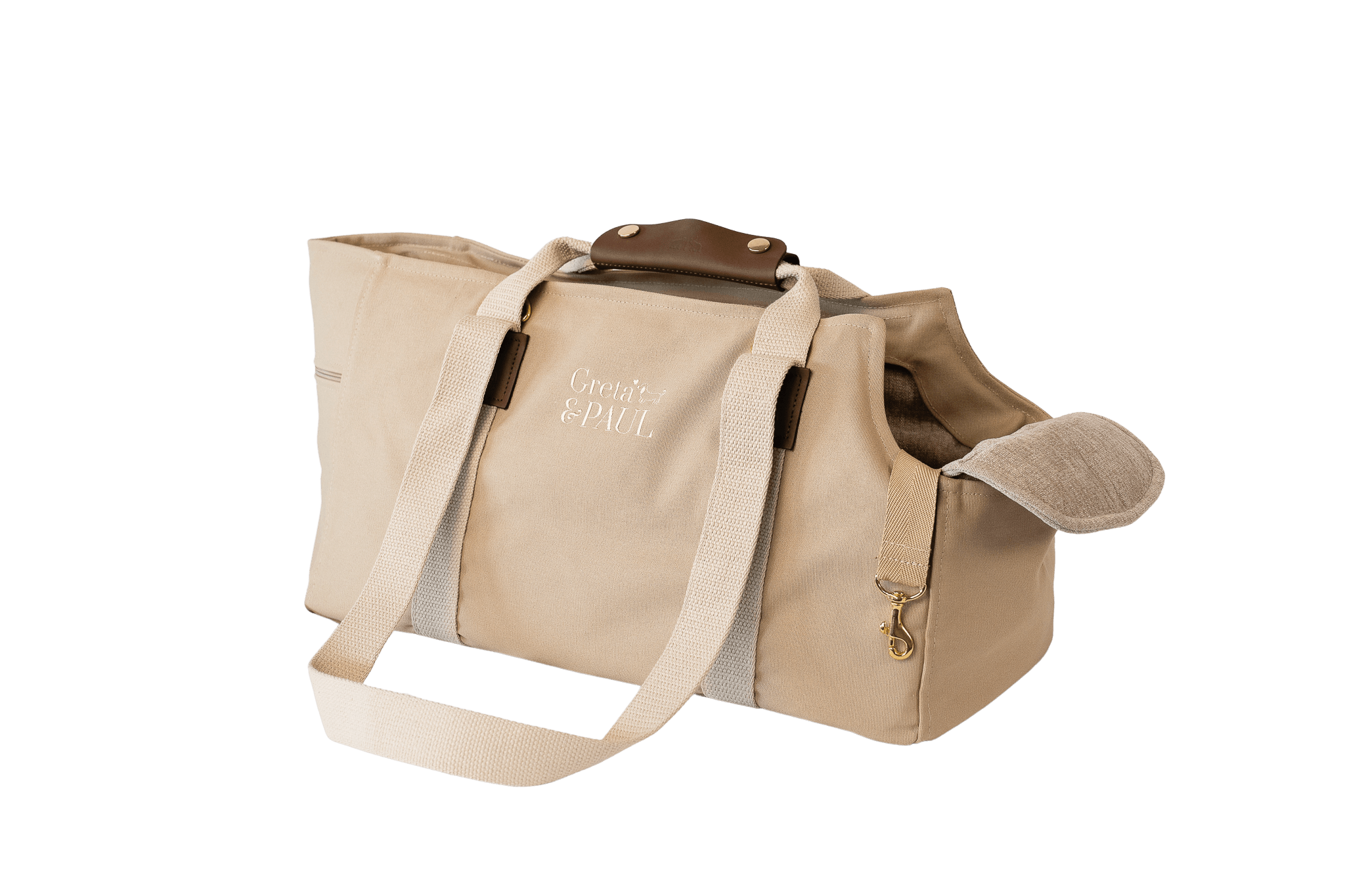 Gretas Hundetasche aus der Sommer-Kollektion in Beige mit hellbeigefarbenem Leinen-Inlay, ohne Netz, Trageansicht
