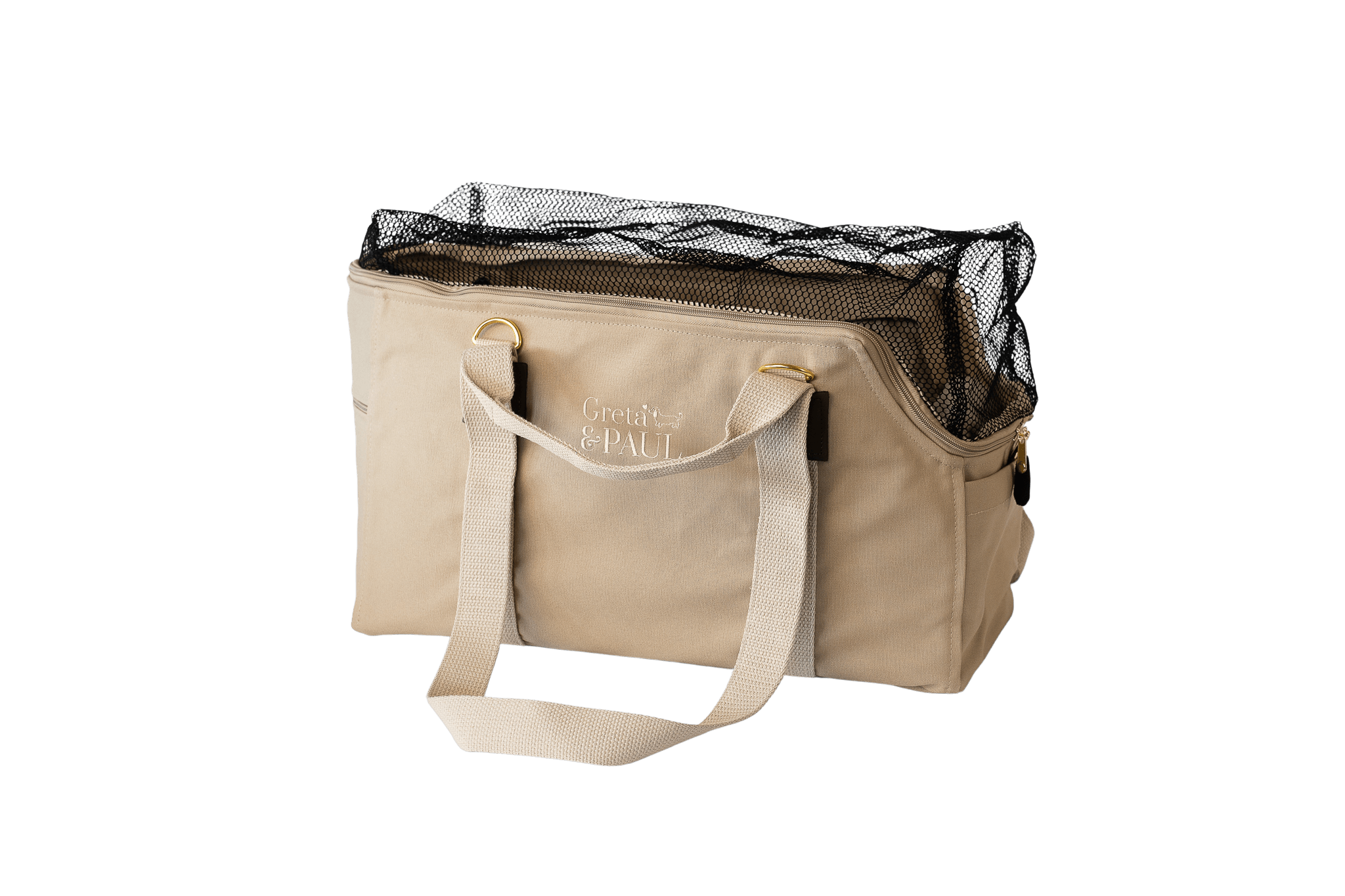 Greta's Hundetasche aus der Sommer-Kollektion in Beige mit hellbeigefarbenem Leinen-Inlay, Ansicht mit geschlossenem Netz
