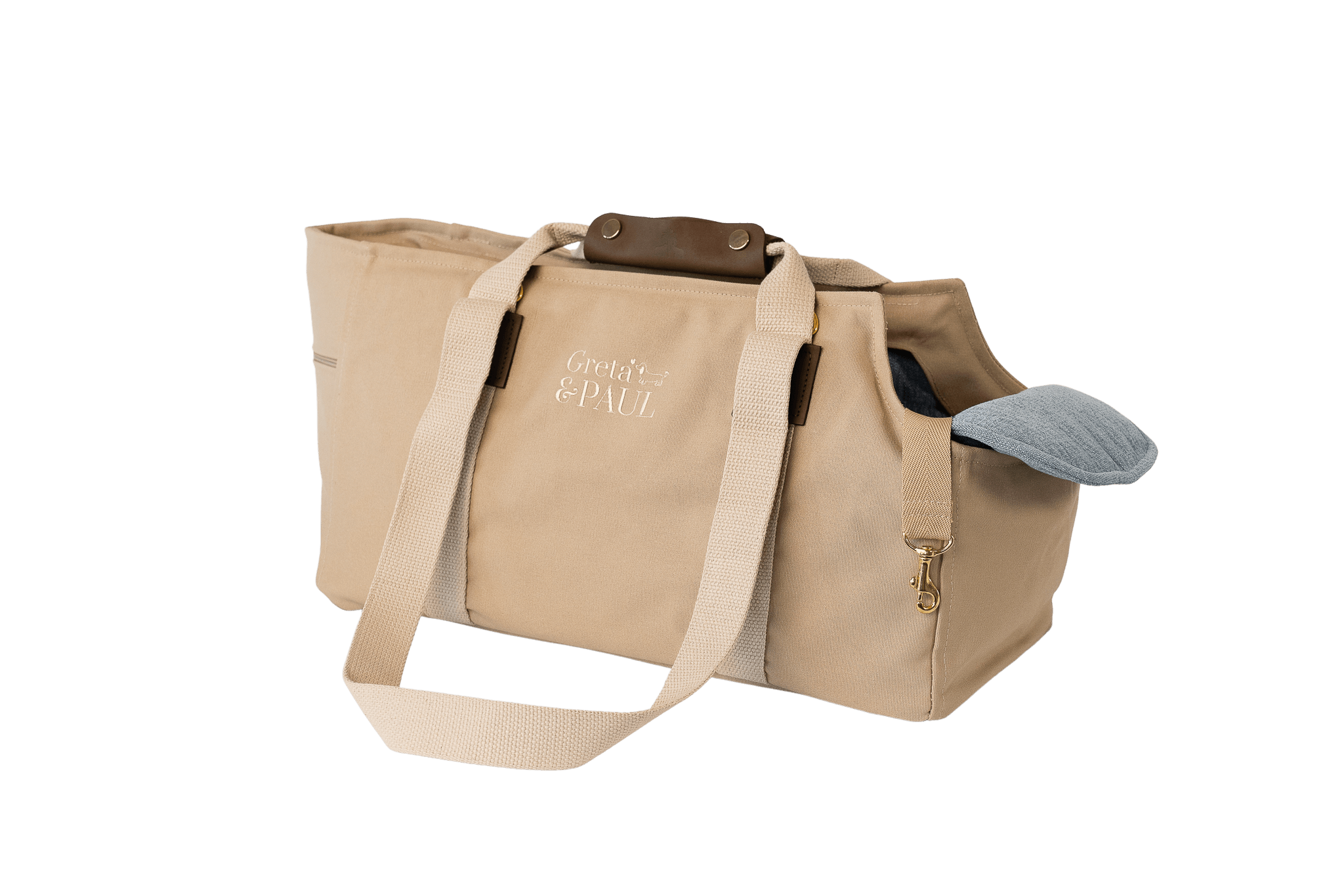 Gretas Hundetasche aus der Sommer-Kollektion in Beige mit hellblauem Leinen-Inlay, ohne Netz, Trageansicht