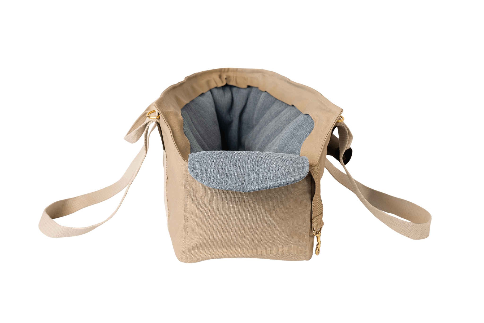 Gretas Hundetasche aus der Sommer-Kollektion in Beige mit hellblauem Leinen-Inlay, Vorderansicht, ohne Netz