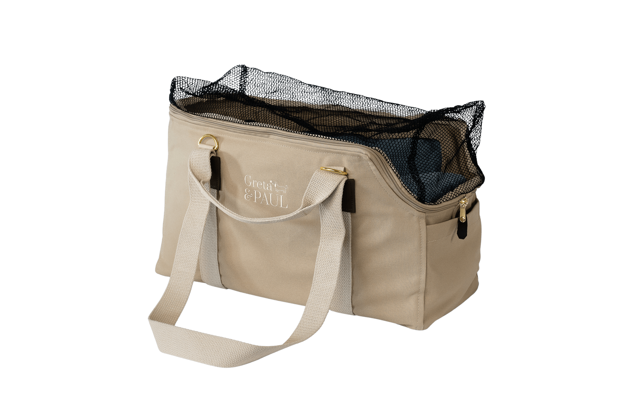 Greta's Hundetasche aus der Sommer-Kollektion in Beige mit hellblauem Leinen-Inlay, Ansicht mit geschlossenem Netz
