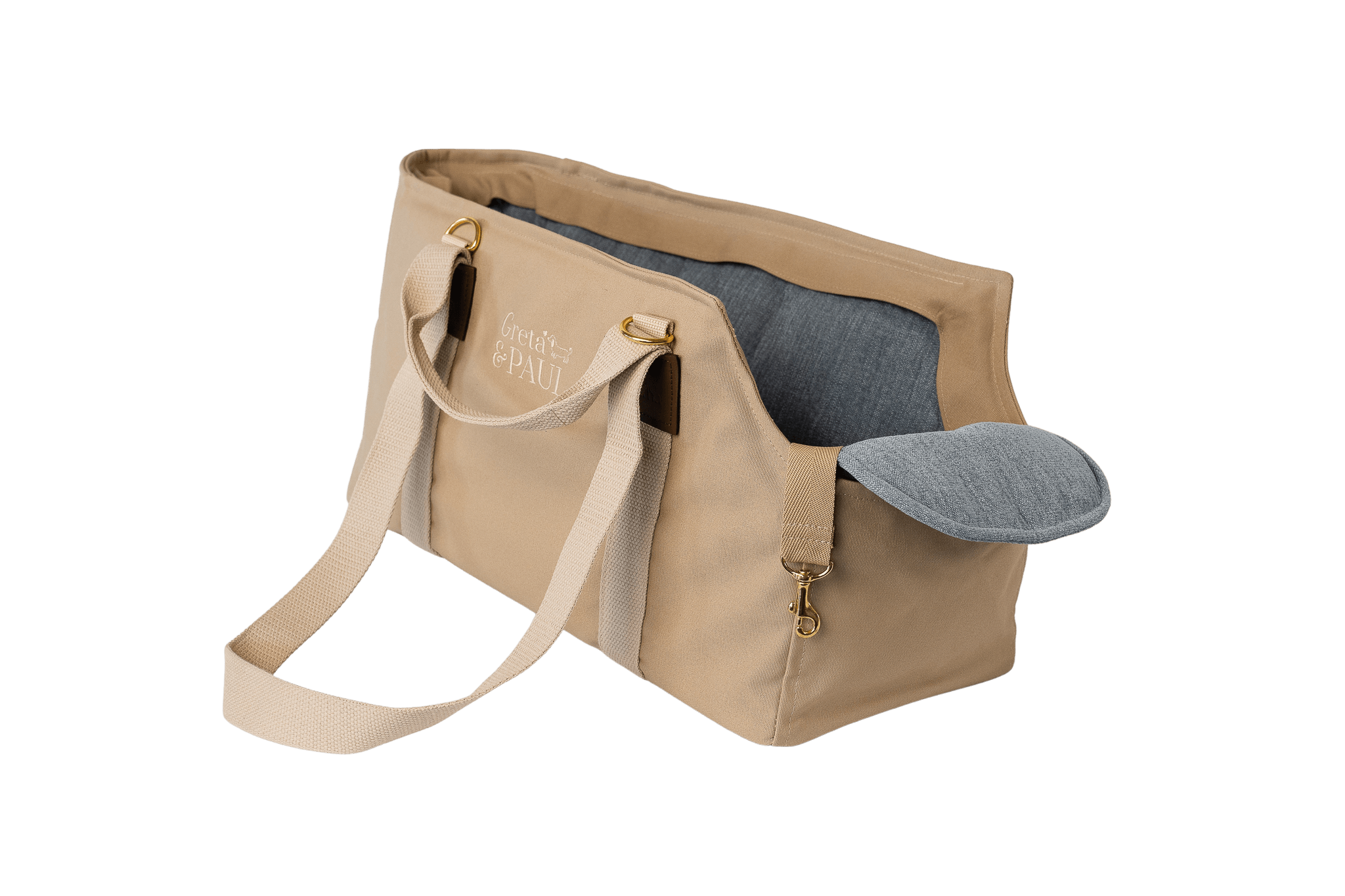 Gretas Hundetasche aus der Sommer-Kollektion in Beige mit hellblauem Leinen-Inlay, ohne Netz