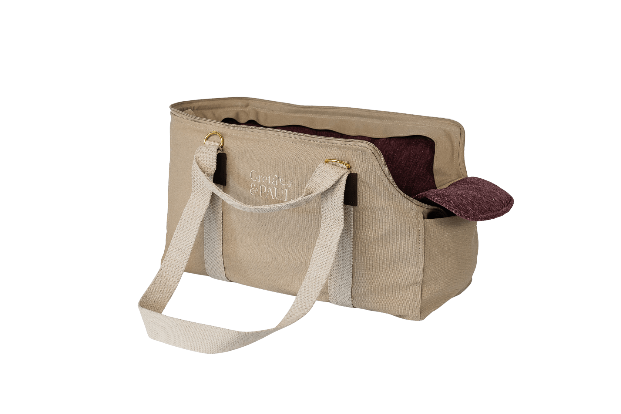 Gretas Hundetasche aus der Sommer-Kollektion in Beige mit lilafarbenem Leinen-Inlay, Ansicht mit verstautem Netz