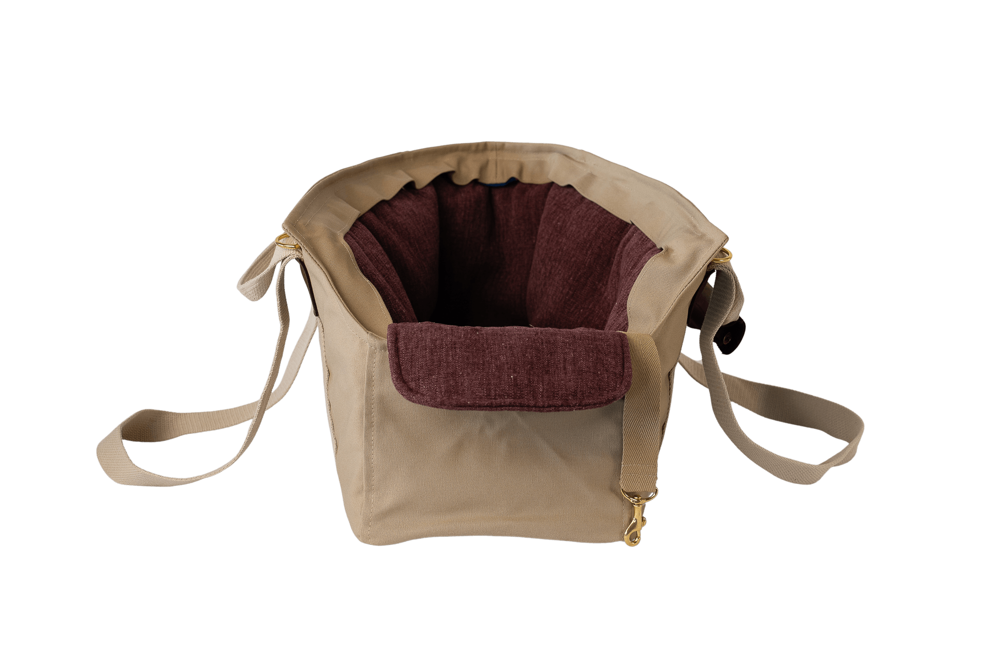 Gretas Hundetasche aus der Sommer-Kollektion in Beige mit lilafarbenem Leinen-Inlay, Vorderansicht, ohne Netz