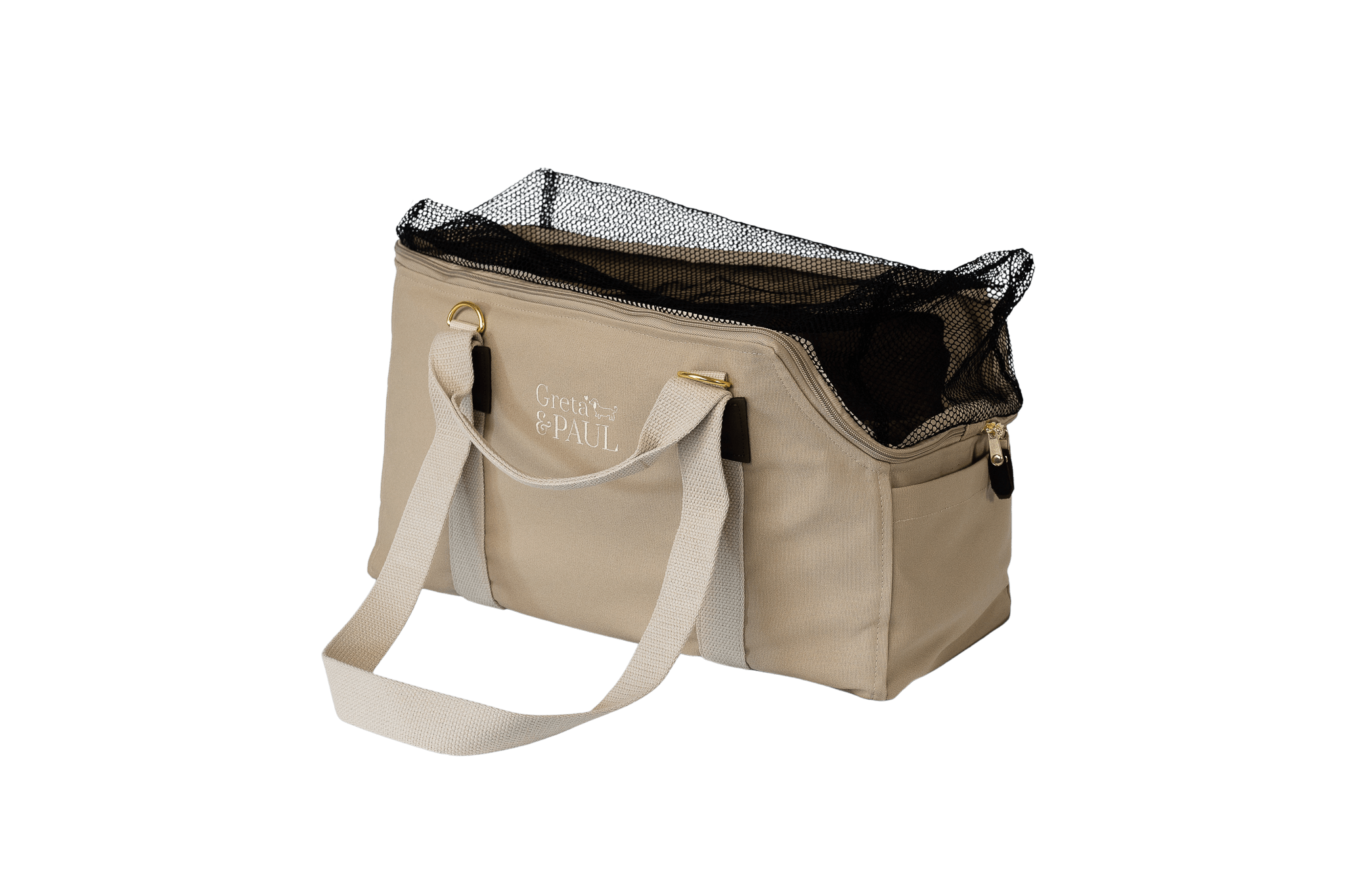 Greta's Hundetasche aus der Sommer-Kollektion in Beige mit lilafarbenem Leinen-Inlay, Ansicht mit geschlossenem Netz
