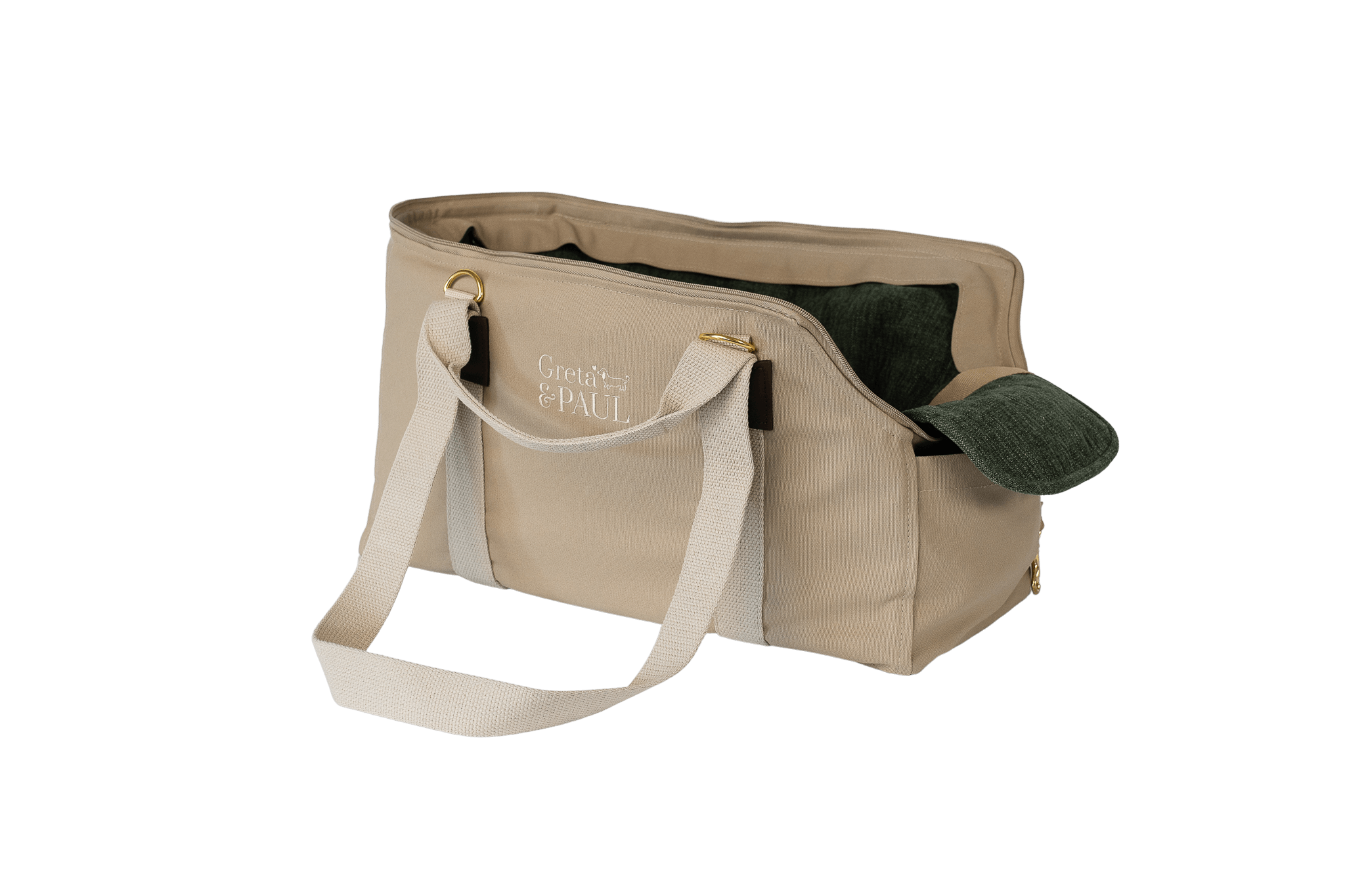 Gretas Hundetasche aus der Sommer-Kollektion in Beige mit olivgrünem Leinen-Inlay, Ansicht mit verstautem Netz