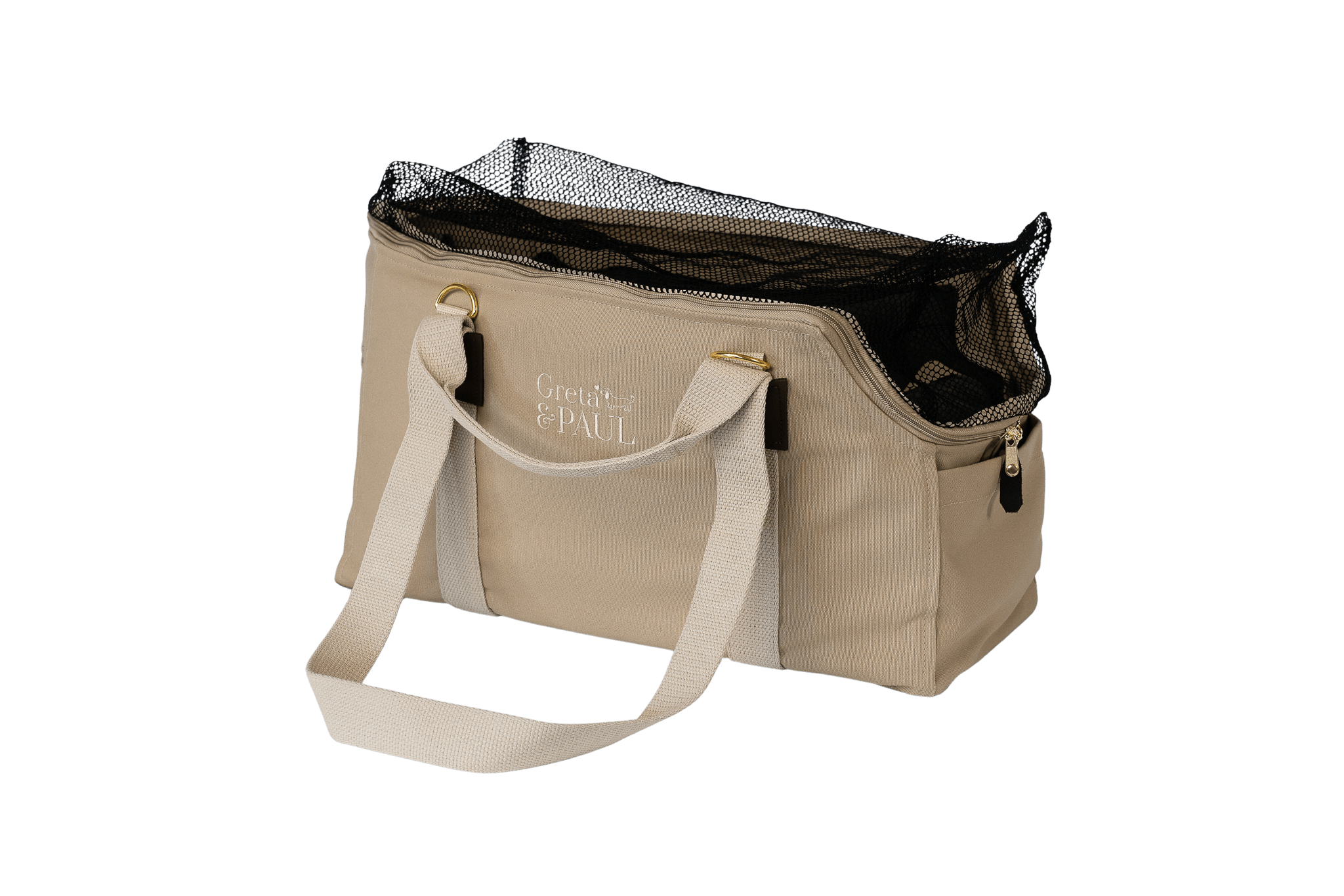 Greta's Hundetasche aus der Sommer-Kollektion in Beige mit olivgrünem Leinen-Inlay, Ansicht mit geschlossenem Netz
