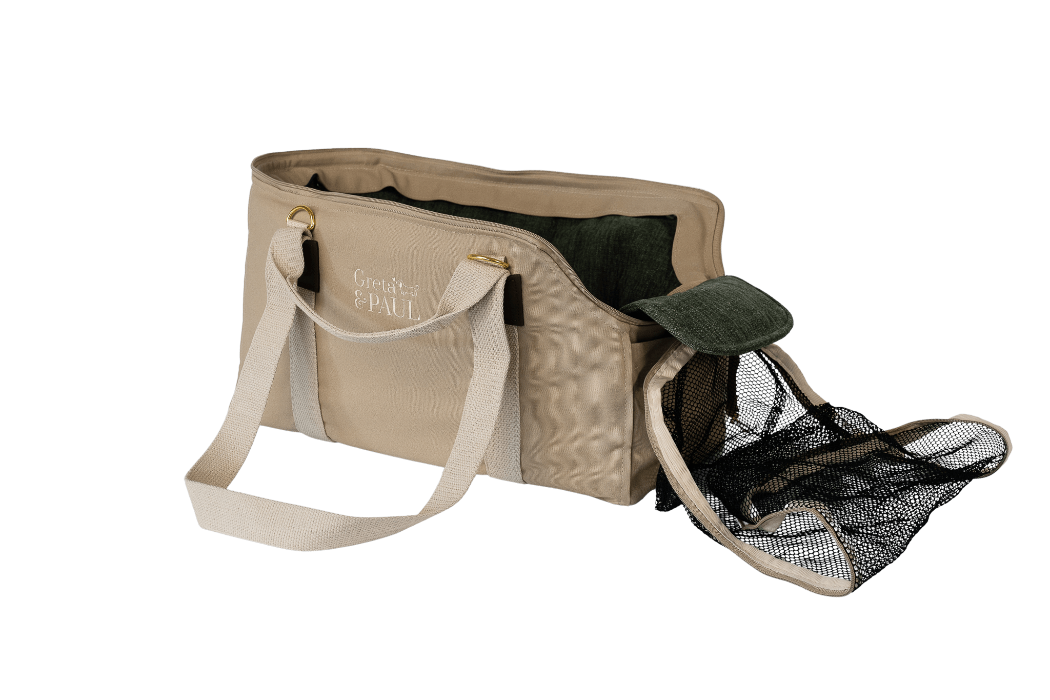 Greta's Hundetasche der Sommer-Kollektion in Beige mit olivgrünem Leinen-Inlay und geöffnetem Sicherheitsnetz