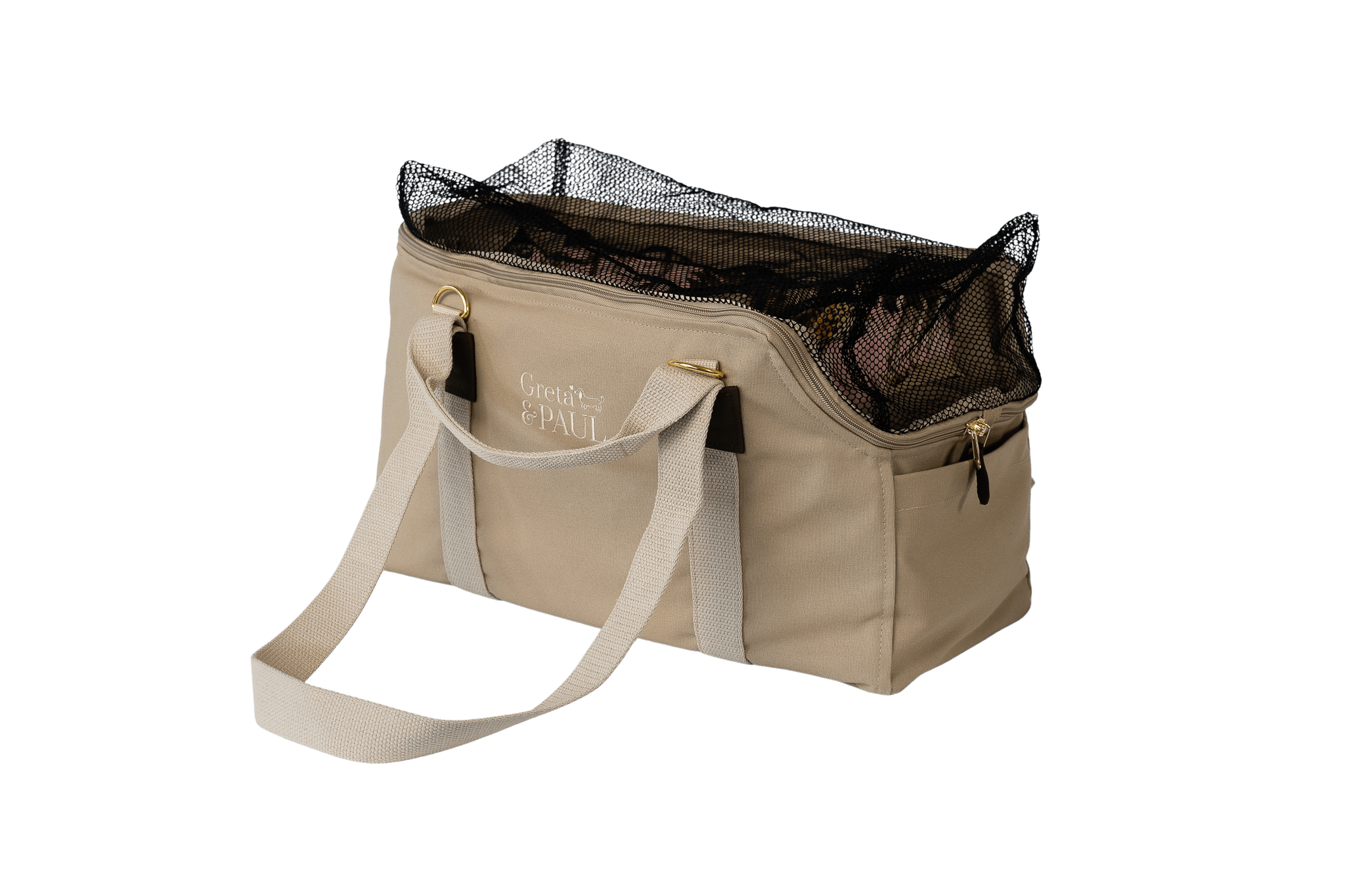 Greta's Hundetasche aus der Sommer-Kollektion in Beige mit Pink-Leo Samt-Inlay, Ansicht mit geschlossenem Netz
