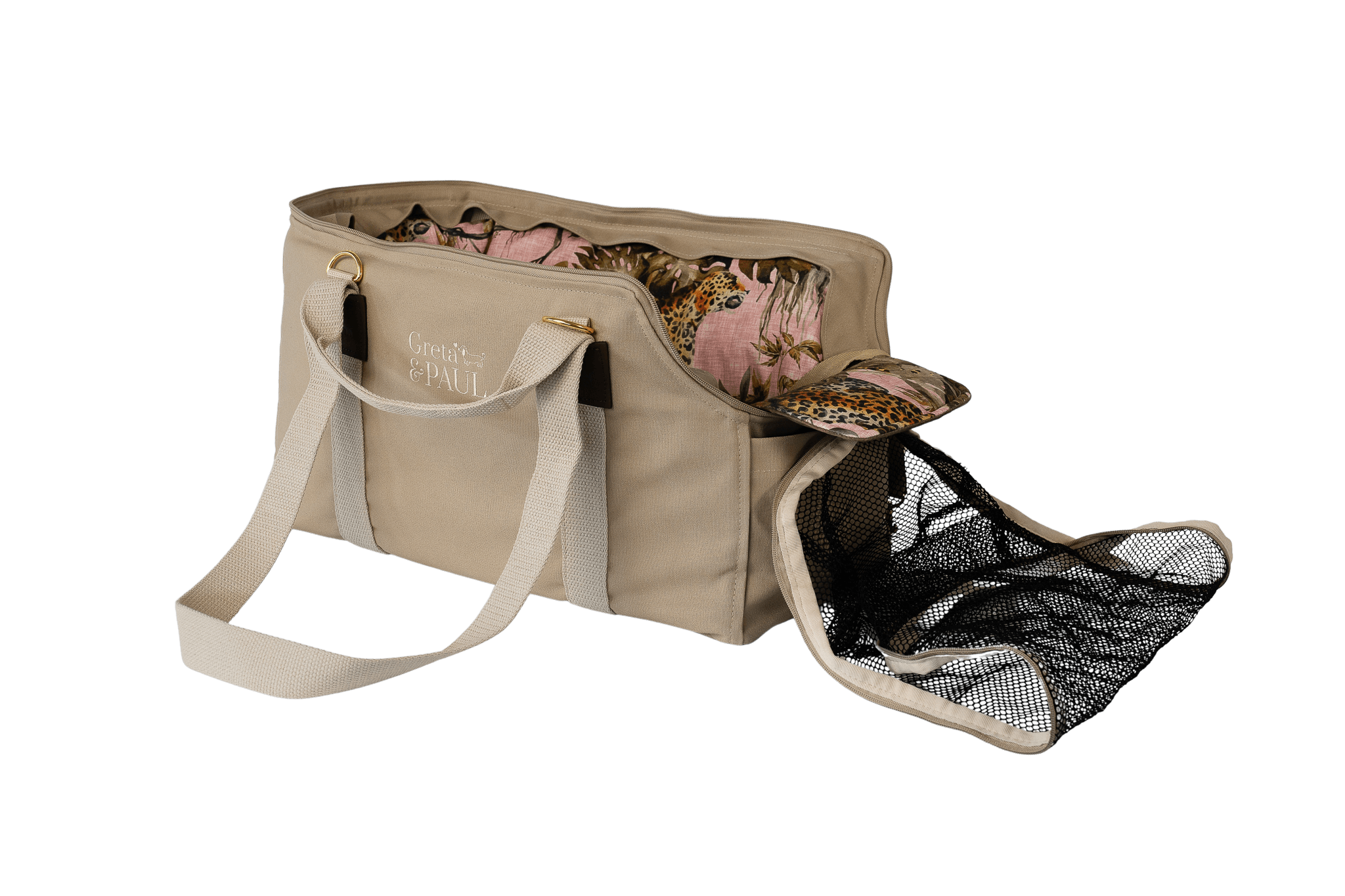 Greta's Hundetasche der Sommer-Kollektion in Beige mit Pink-Leo-Samt Inlay und geöffnetem Sicherheitsnetz.