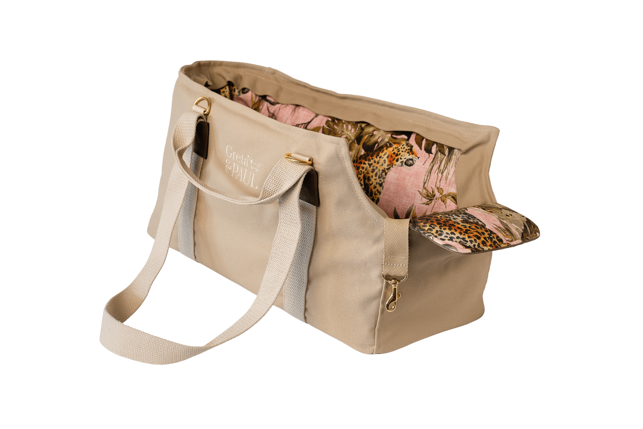 Gretas Hundetasche aus der Sommer-Kollektion in Beige mit Pink-Leo Samt-Inlay, ohne Netz