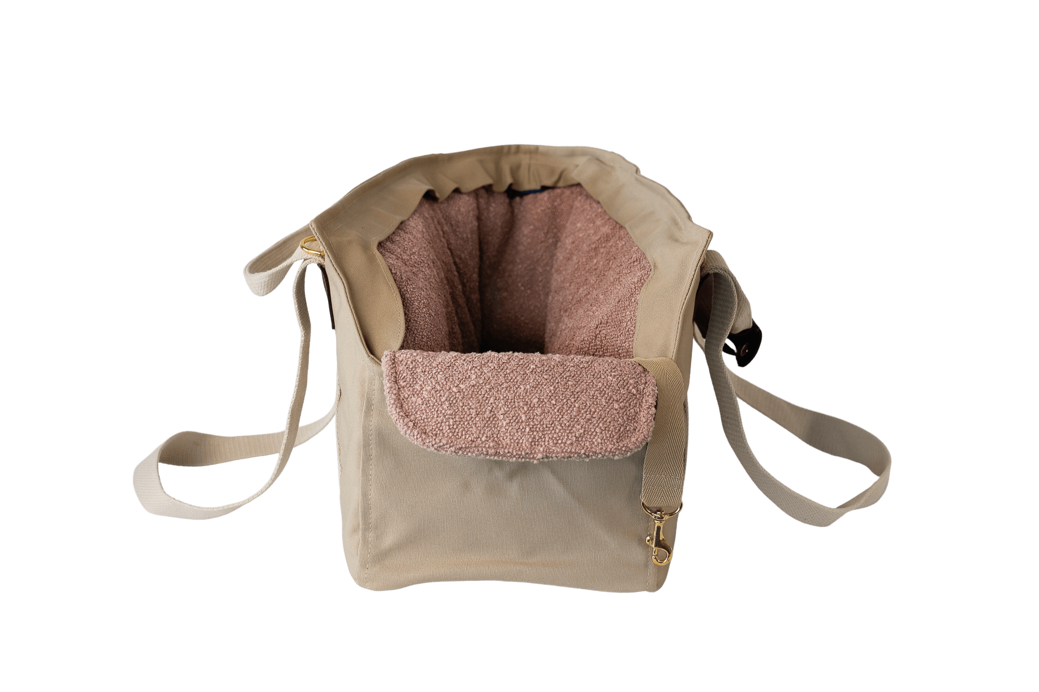 Gretas Hundetasche aus der Sommer-Kollektion in Beige mit rosafarbenem Bouclé-Inlay, Vorderansicht, ohne Netz
