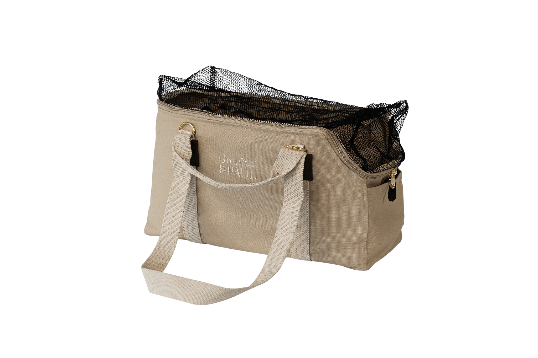 Gretas Hundetasche aus der Sommer-Kollektion in Beige mit rosafarbenem Bouclé-Inlay, Ansicht mit geschlossenem Netz