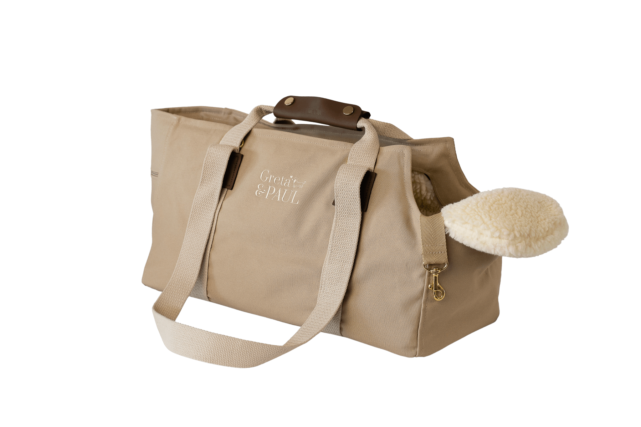 Gretas Hundetasche aus der Sommer-Kollektion in Beige mit Teddyfell-Inlay, ohne Netz, Trageansicht