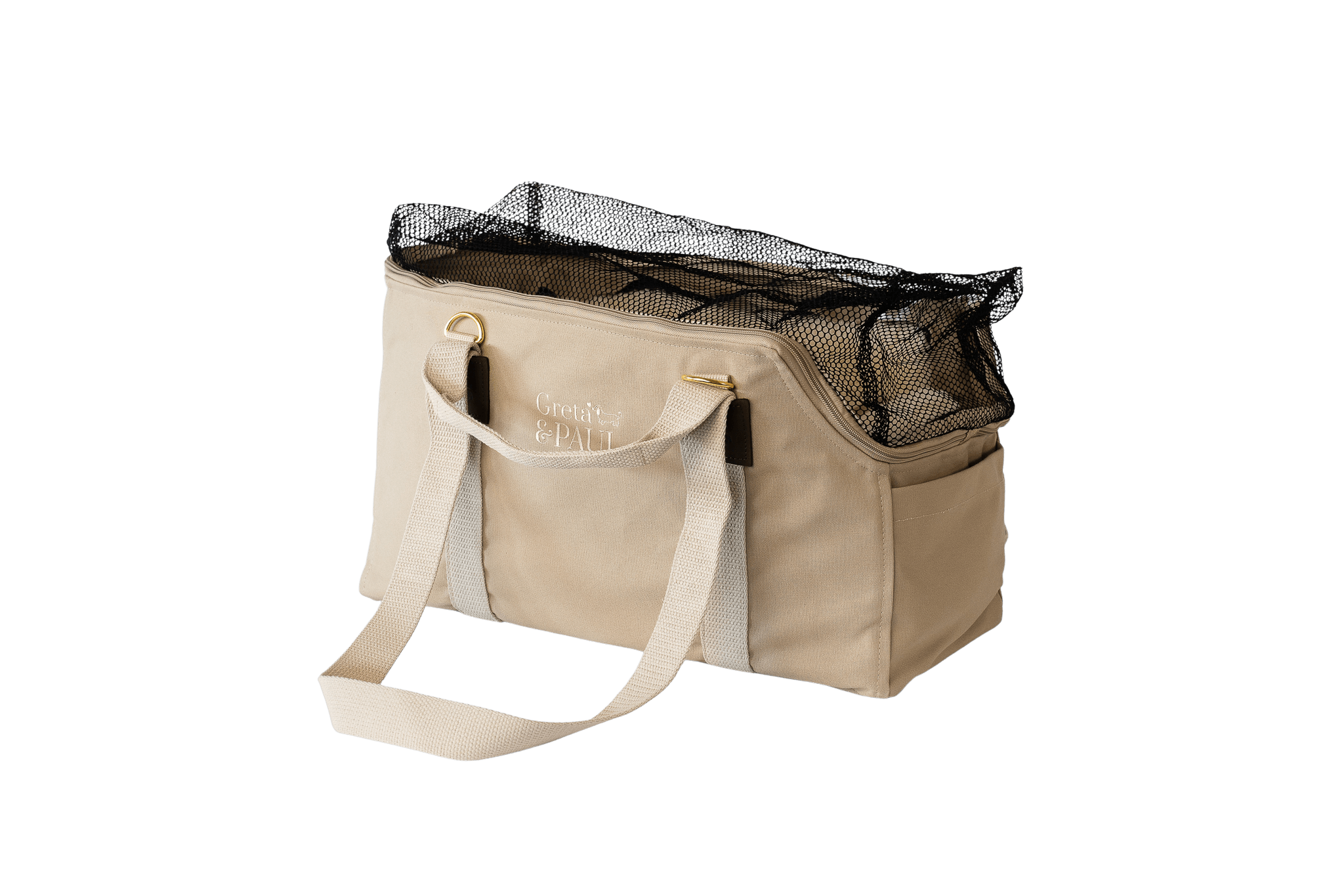 Gretas Hundetasche aus der Sommer-Kollektion in Beige mit Teddyfell-Inlay, Ansicht mit geschlossenem Netz