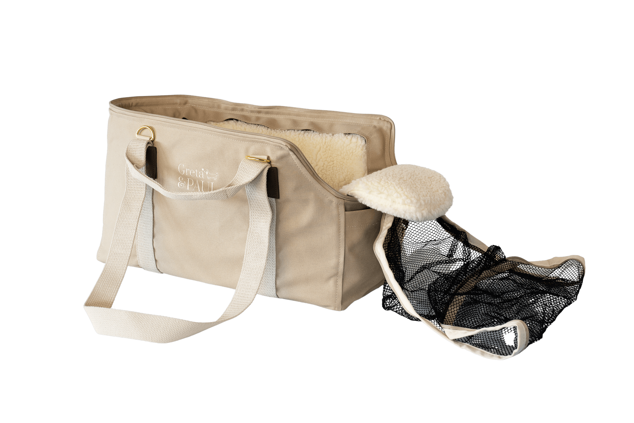 Gretas Hundetasche der Sommer-Kollektion in Beige mit Teddyfell-Inlay, offene Ansicht mit Sicherheitsnetz