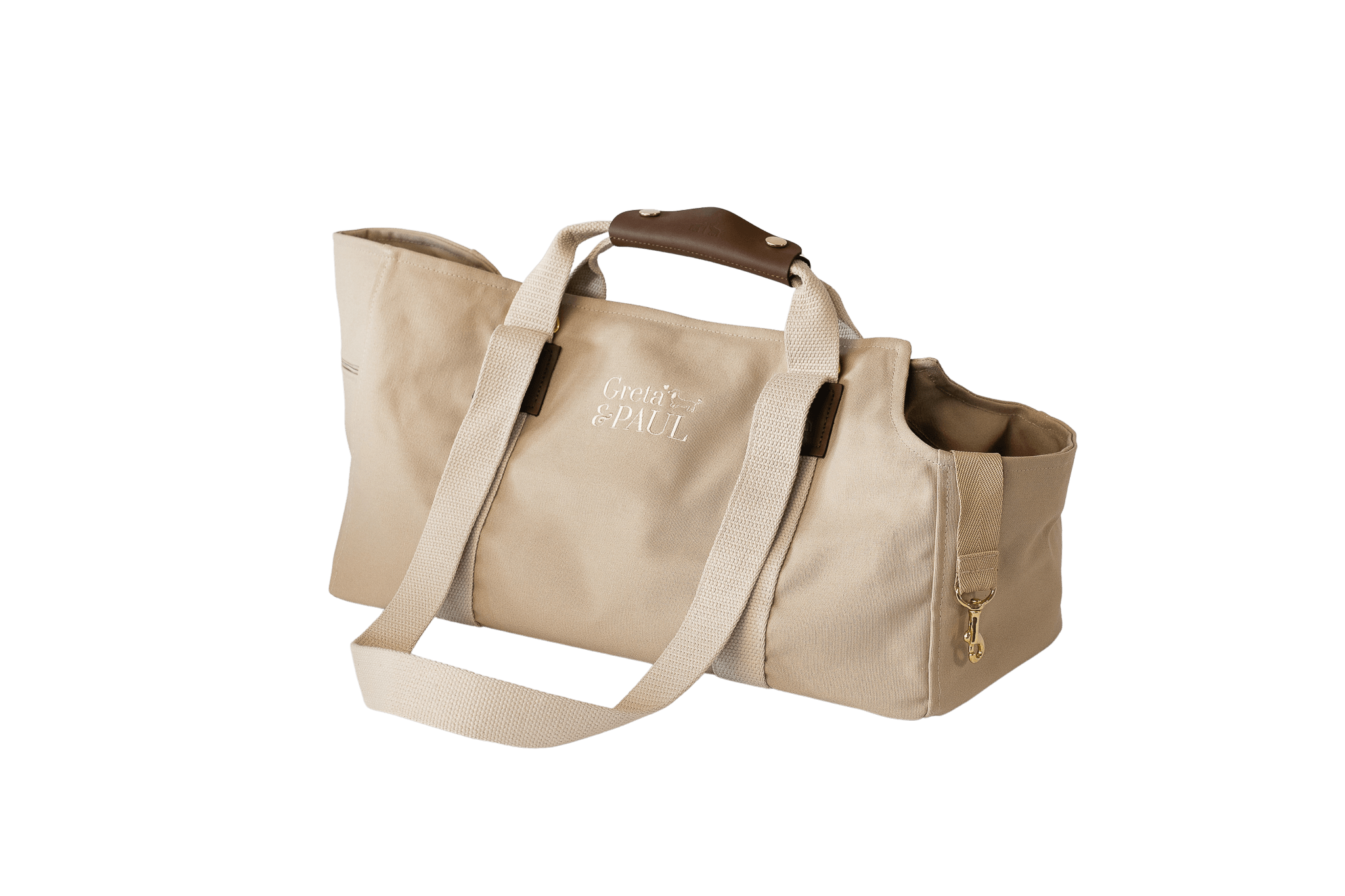 Gretas Hundetasche aus der Sommer-Kollektion in Beige ohne Inlay und Netz, Trageansicht