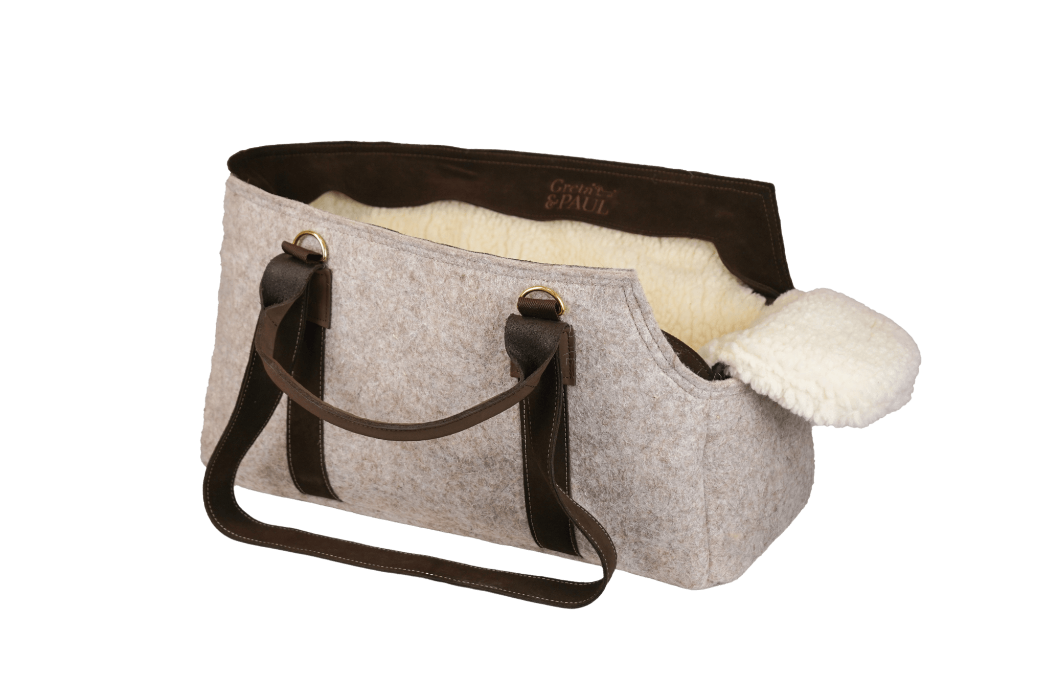 Greta's Luxus-Lodentasche mit Teddyfell-Inlay, dunklen Ledergriffen und gesticktem Greta & PAUL Logo im Inneren