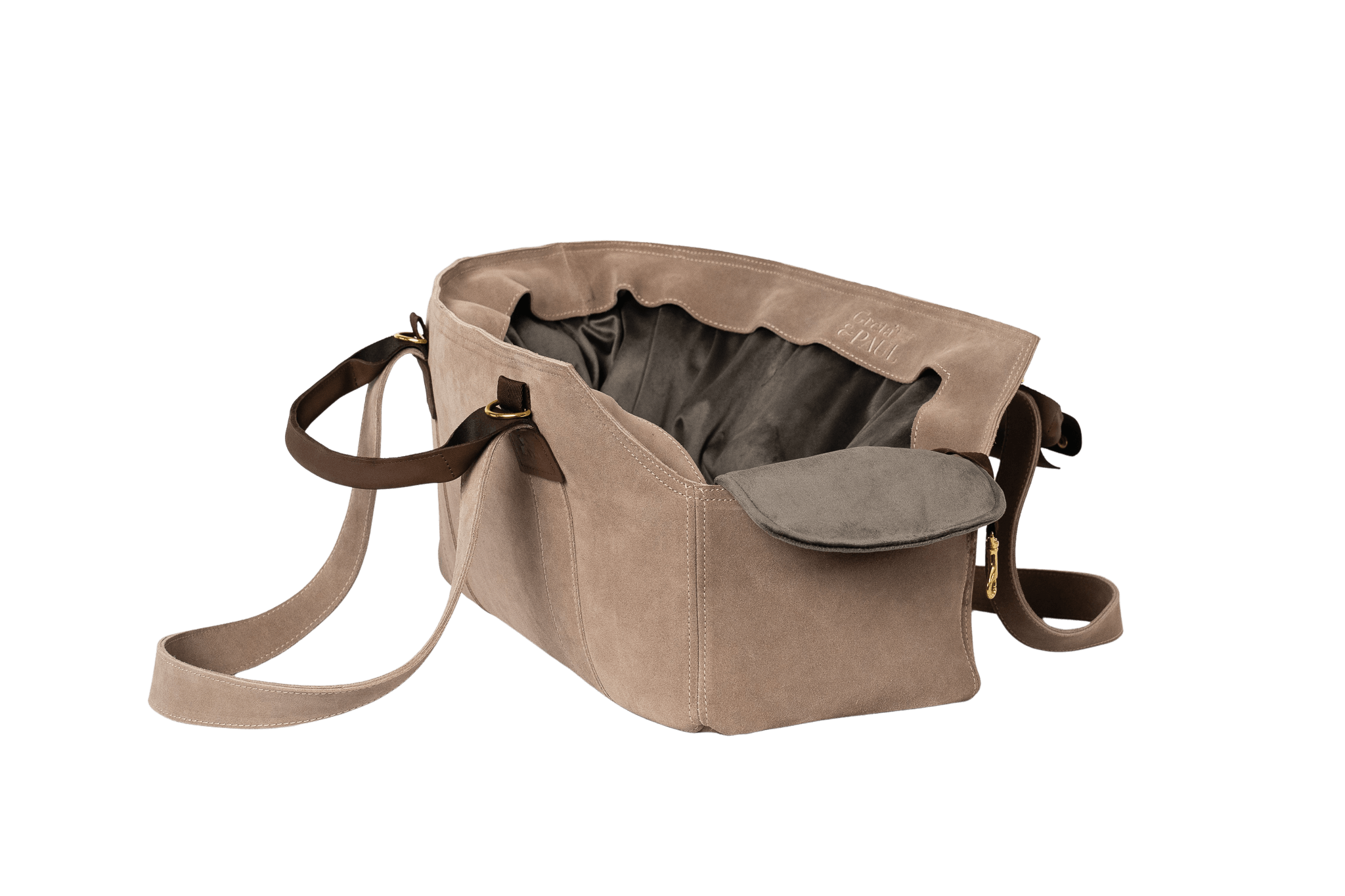 Gretas Luxus Wildleder-Hundetasche in Cappuccino mit anthrazitfarbenem Samt-Inlay, hochwertige Tragetasche für Hunde bis 9 kg, Premium-Design für kleine bis mittelgroße Hunde