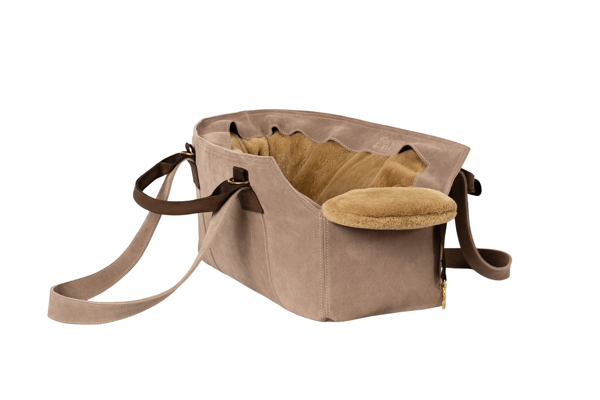 Gretas Luxus Wildleder-Hundetasche in Cappuccino mit beige-goldfarbenem Flausch-Inlay, hochwertige Tragetasche für Hunde bis 9 kg, Premium-Design für kleine bis mittelgroße Hunde