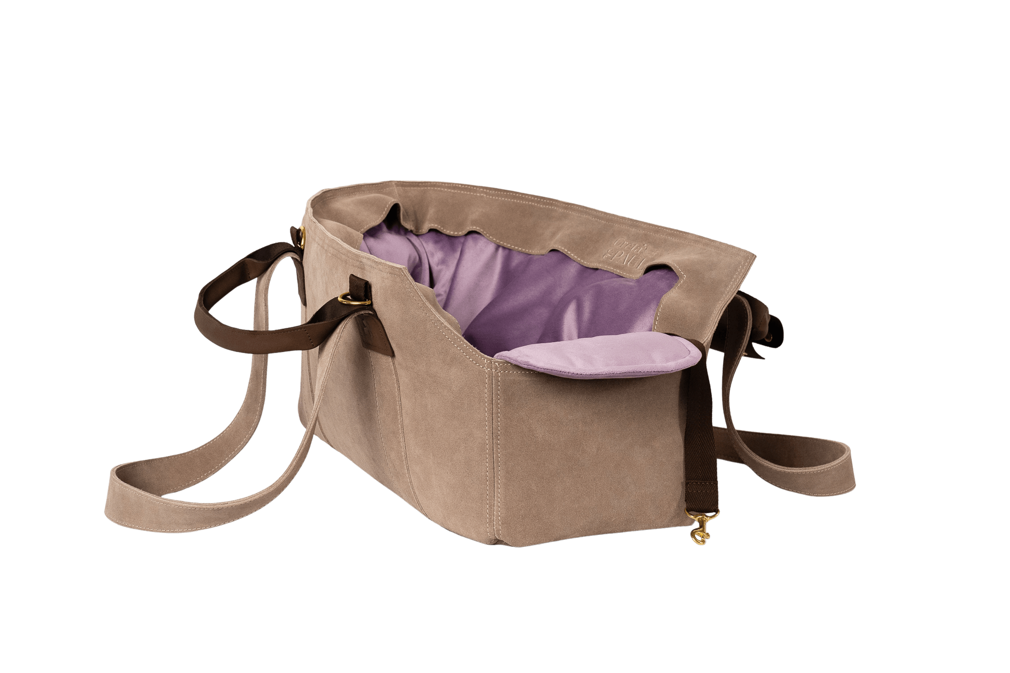 Gretas Luxus Wildleder-Hundetasche in Cappuccino mit fliederfarbenem Samt-Inlay, hochwertige Tragetasche für Hunde bis 9 kg, Premium-Design für kleine bis mittelgroße Hunde