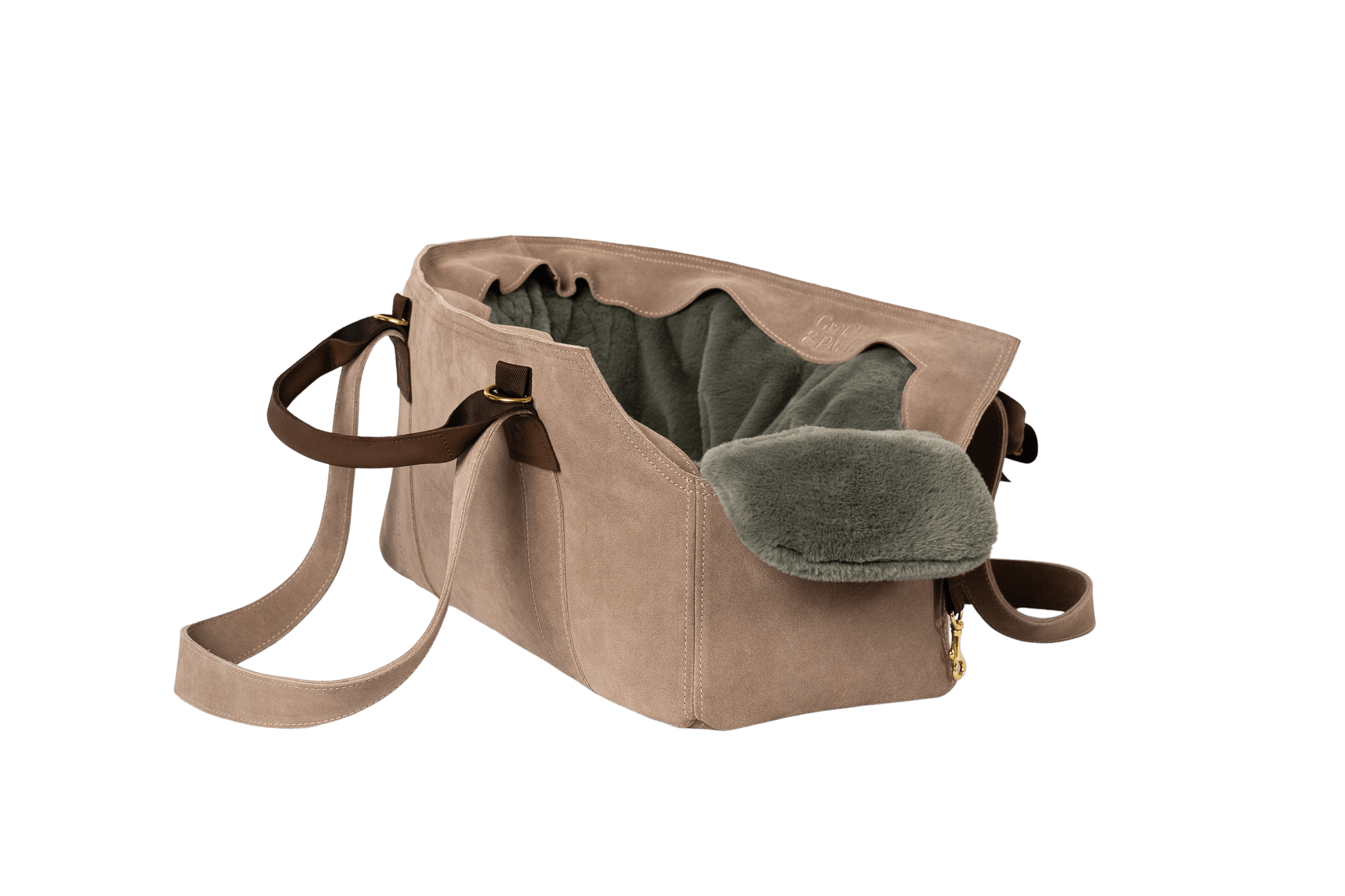Gretas Luxus Wildleder-Hundetasche in Cappuccino mit grau-grün-silberfarbenem Flausch-Inlay, hochwertige Tragetasche für Hunde bis 9 kg, Premium-Design für kleine bis mittelgroße Hunde