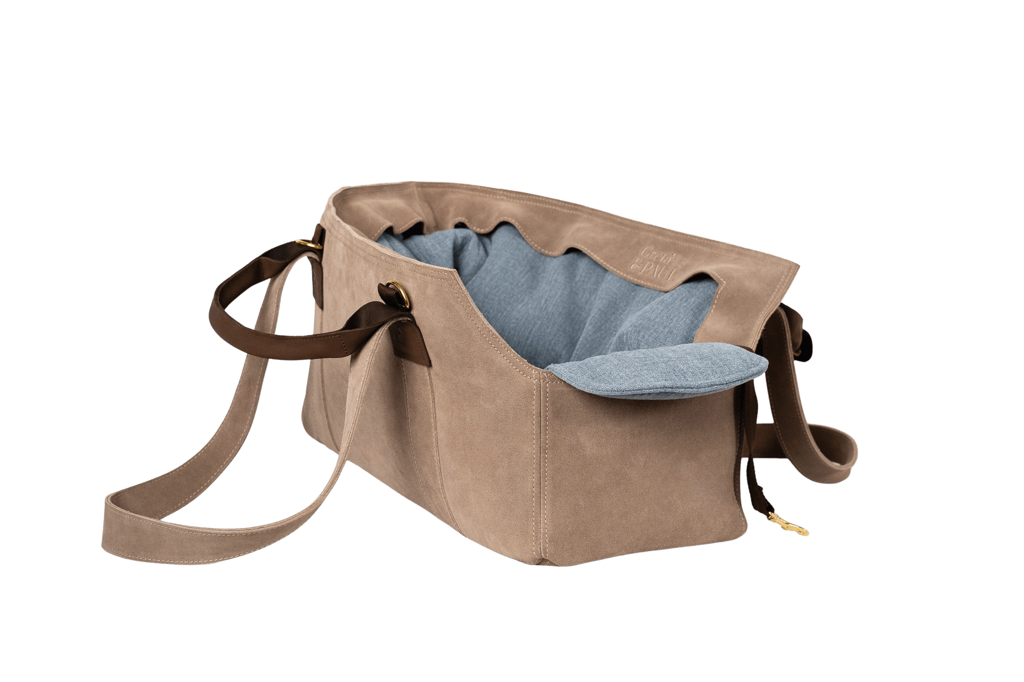 Gretas Luxus Wildleder-Hundetasche in Cappuccino mit hellblauem Leinen-Inlay, hochwertige Tragetasche für Hunde bis 9 kg, Premium-Design für kleine bis mittelgroße Hunde