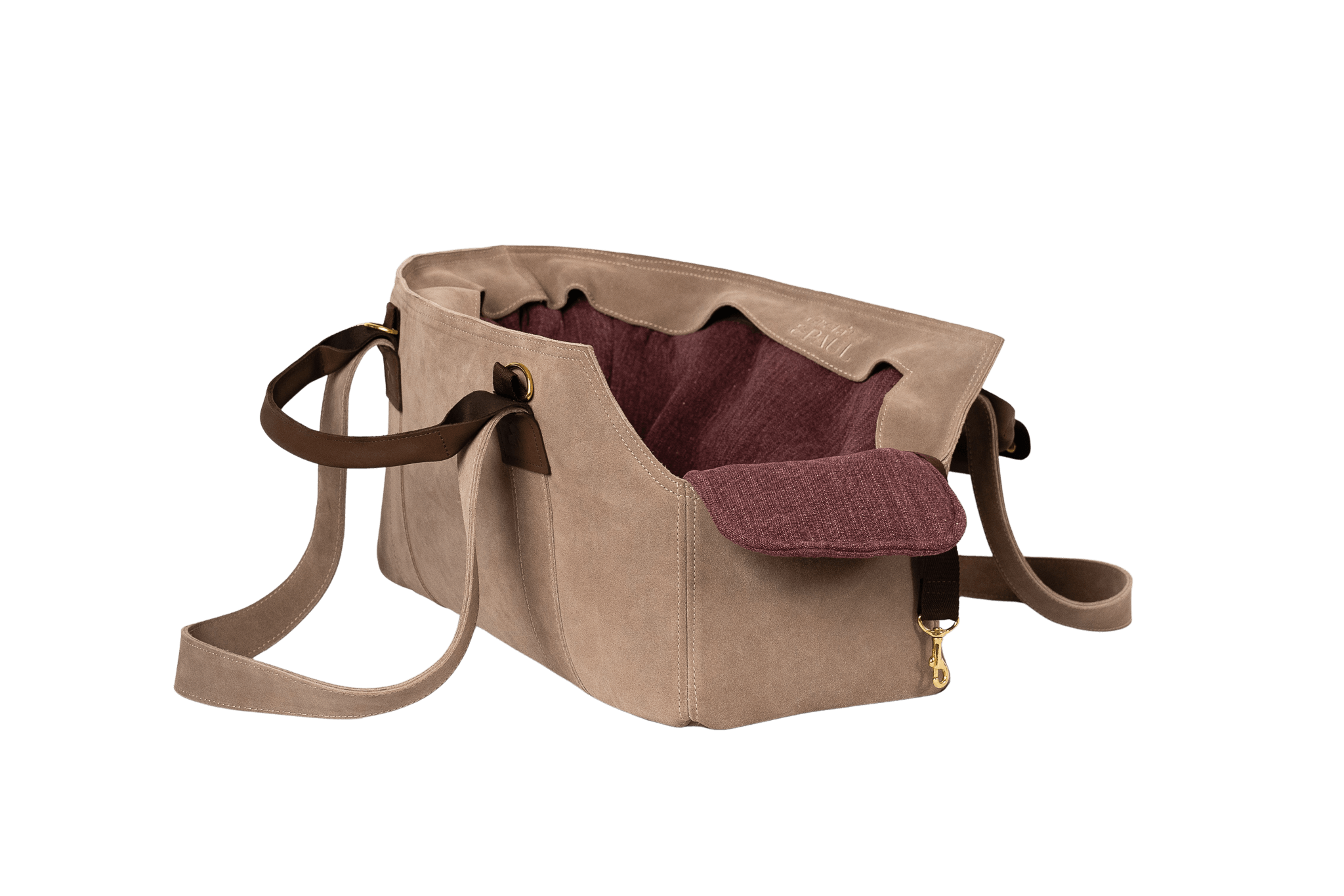 Gretas Luxus Wildleder-Hundetasche in Cappuccino mit lilafarbenem Leinen-Inlay, hochwertige Tragetasche für Hunde bis 9 kg, Premium-Design für kleine bis mittelgroße Hunde