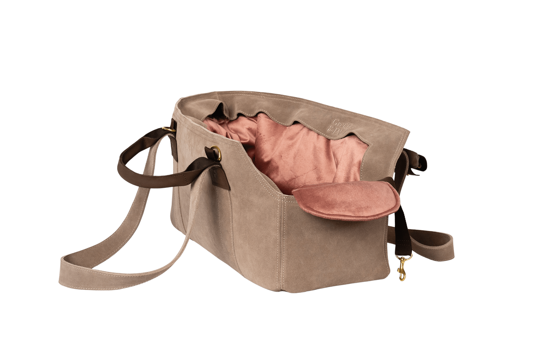 Gretas Luxus Wildleder-Hundetasche in Cappuccino mit rosafarbenem Samt-Inlay, hochwertige Tragetasche für Hunde bis 9 kg, Premium-Design für kleine bis mittelgroße Hunde