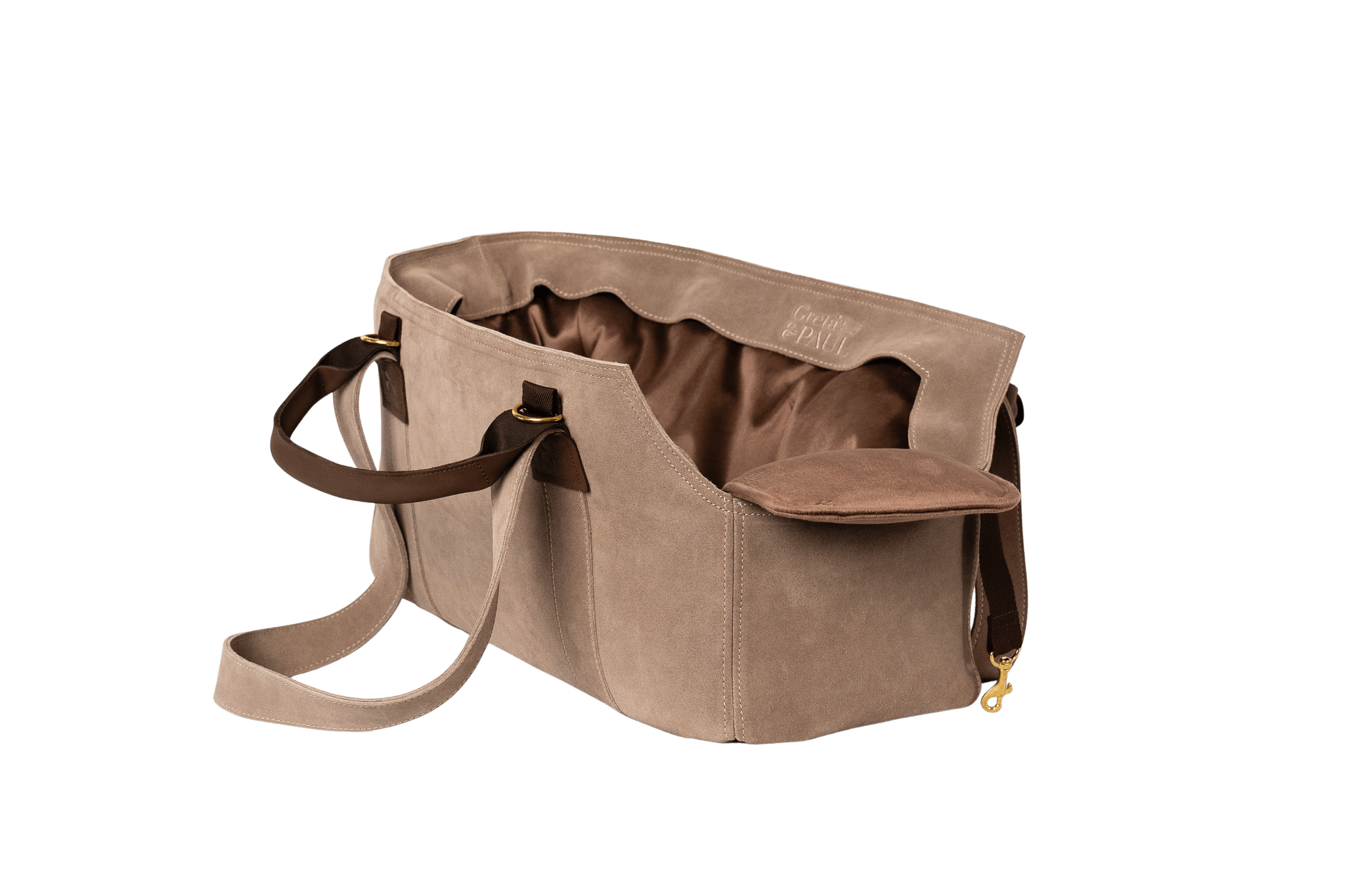 Gretas Luxus Wildleder-Hundetasche in Cappuccino mit taupefarbenem Samt-Inlay, hochwertige Tragetasche für Hunde bis 9 kg, Premium-Design für kleine bis mittelgroße Hunde