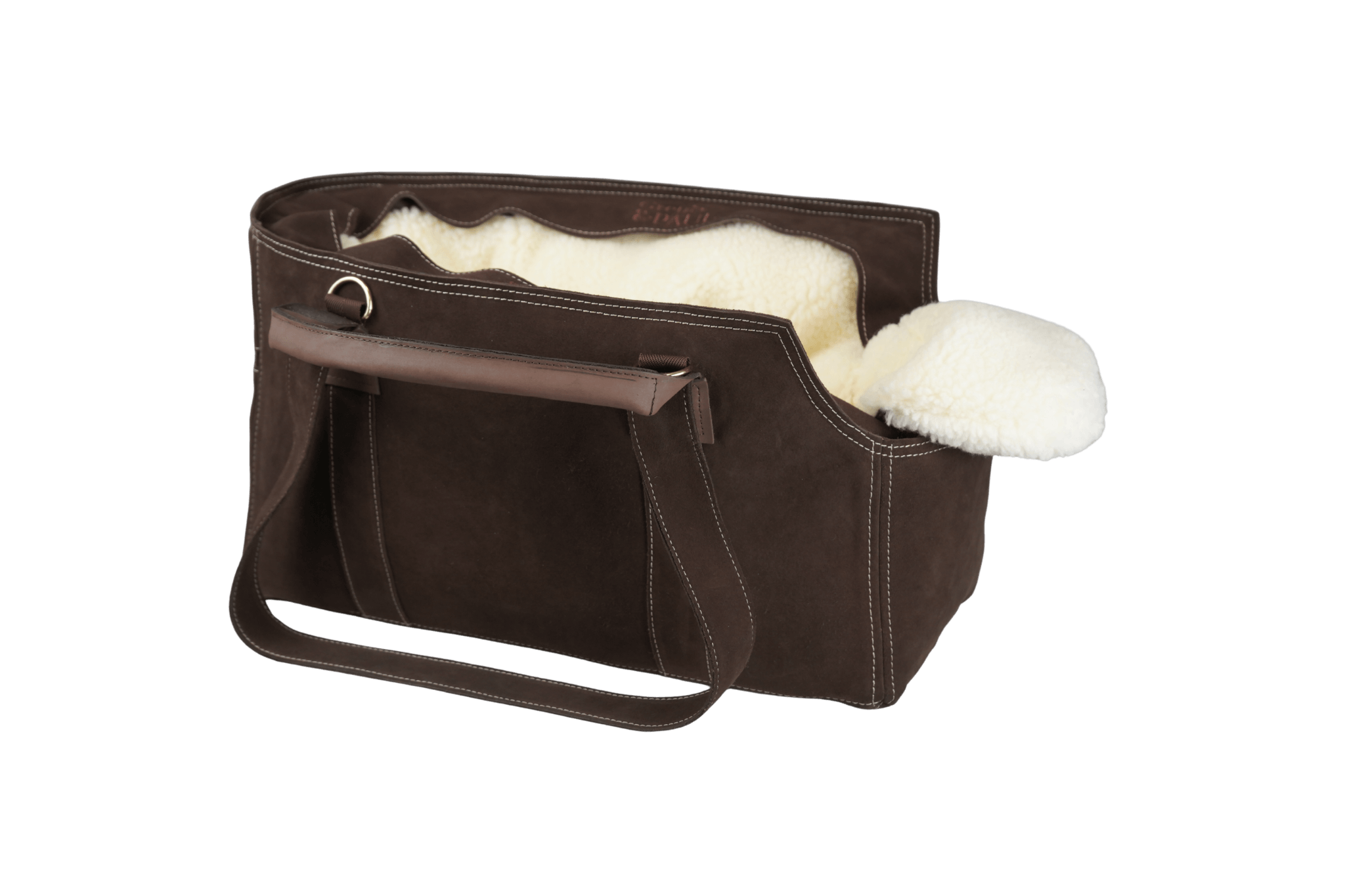 Greta's Luxus-Wildleder-Hundetasche in Dunkelbraun mit Kontrastnähten und Teddyfell-Inlay