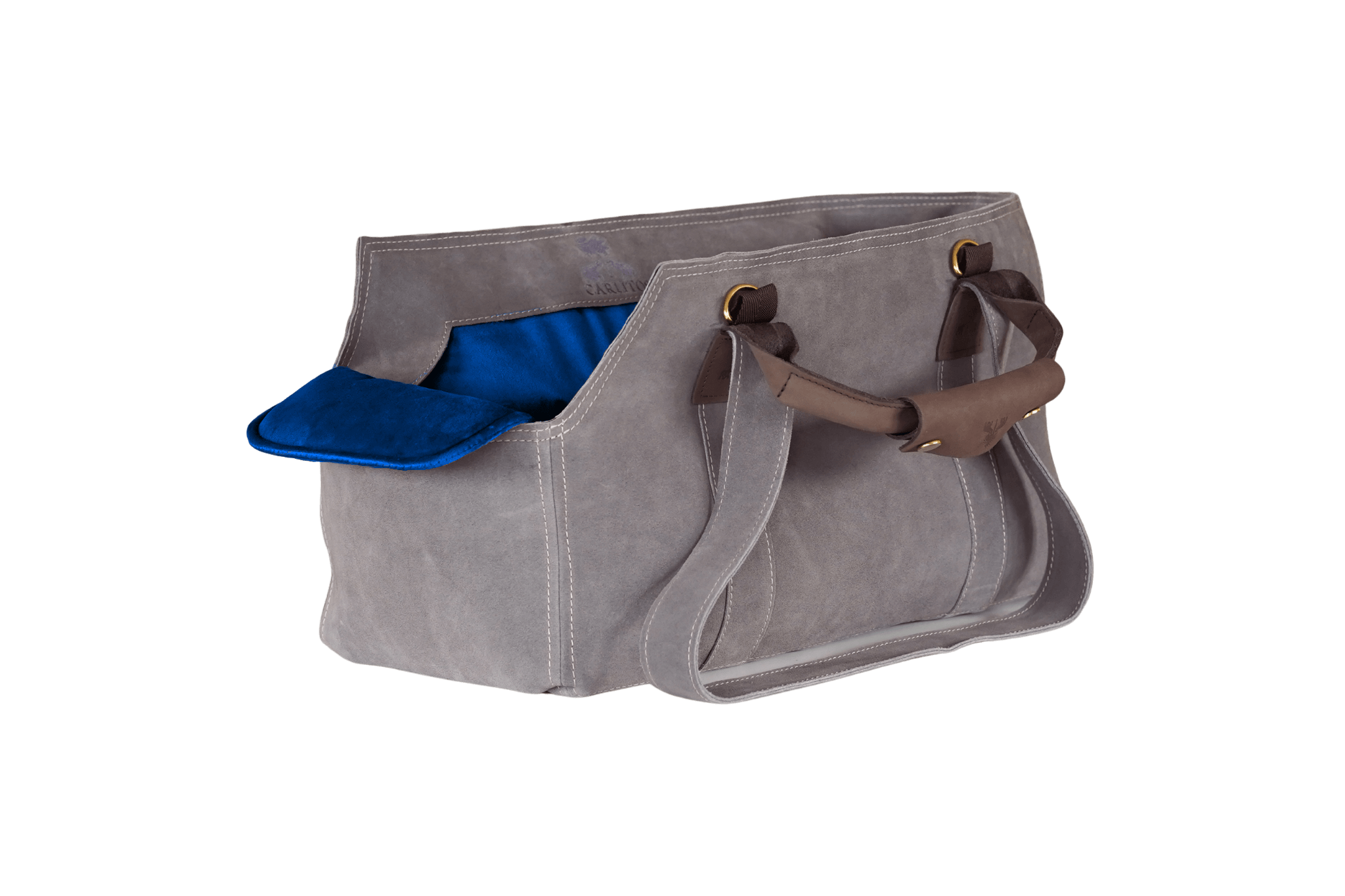 Greta's Luxus-Wildleder-Hundetasche in Grau mit Kontrastnähten und königsblauem Samt-Inlay