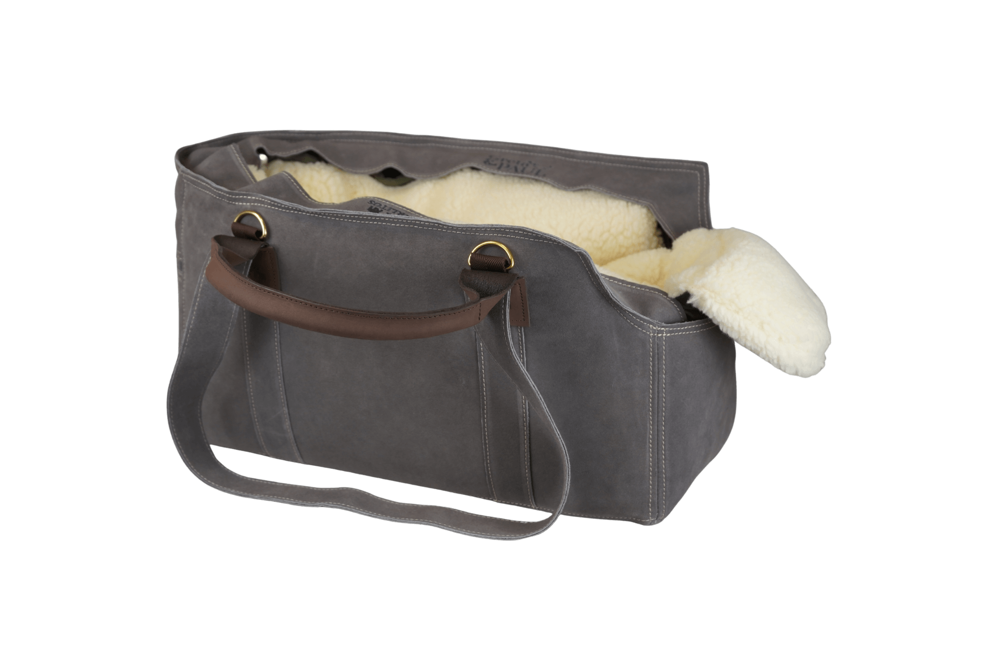 Greta's Luxus-Wildleder-Hundetasche in Grau mit Kontrastnähten und Teddyfell-Inlay