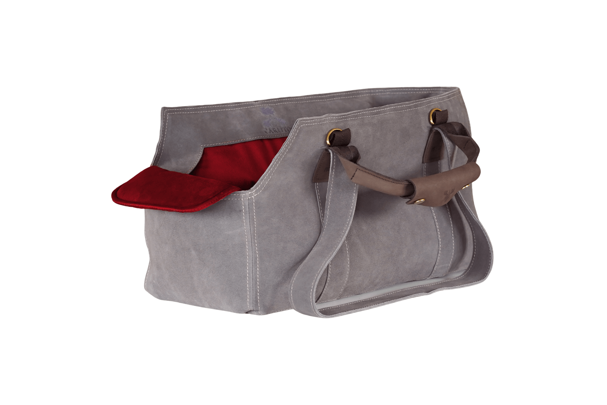 Greta's Luxus-Wildleder-Hundetasche in Grau mit Kontrastnähten und very berry-farbenem Samt-Inlay