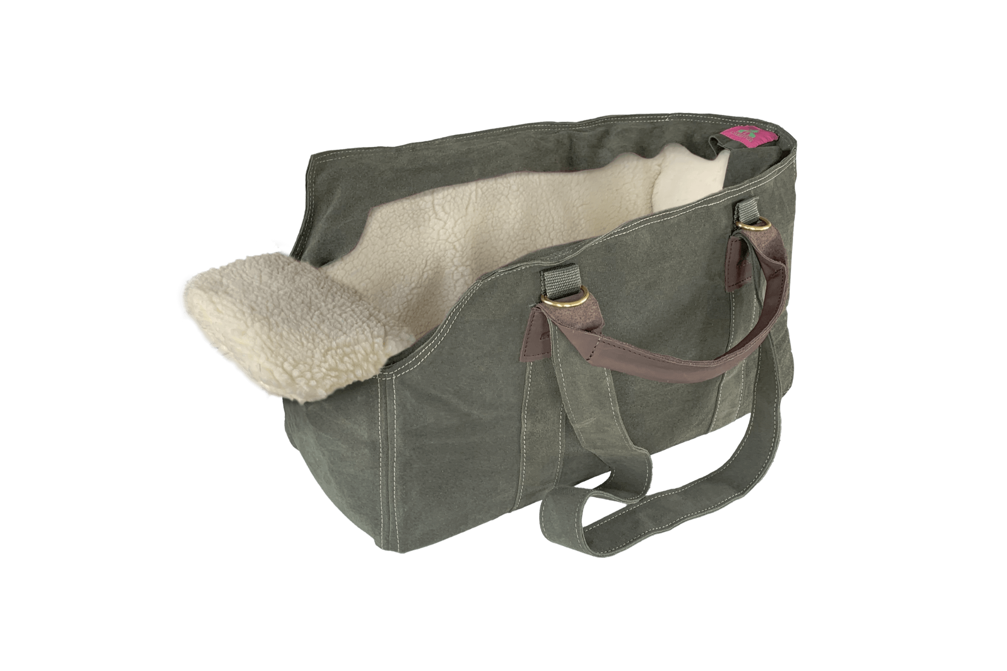 Greta's Luxus-Wildleder-Hundetasche in Khaki mit Kontrastnähten und Teddyfell-Inlay