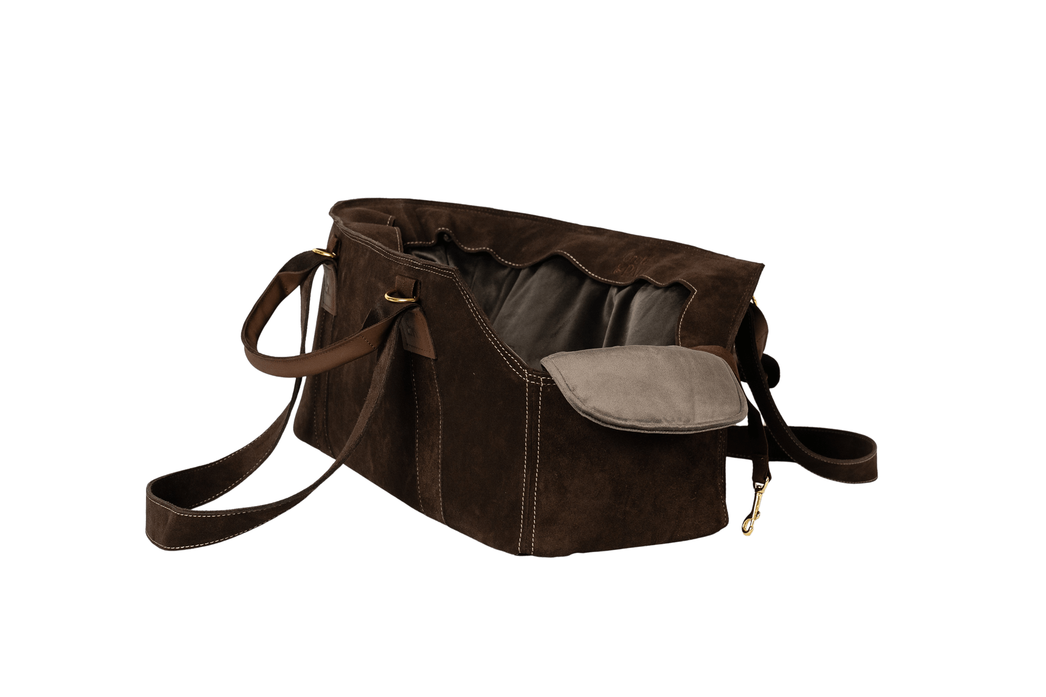 Gretas Luxus Wildleder-Hundetasche in Dunkelbraun mit anthrazitfarbenem Samt-Inlay, hochwertige Tragetasche für Hunde bis 9 kg, Premium-Design für kleine bis mittelgroße Hunde