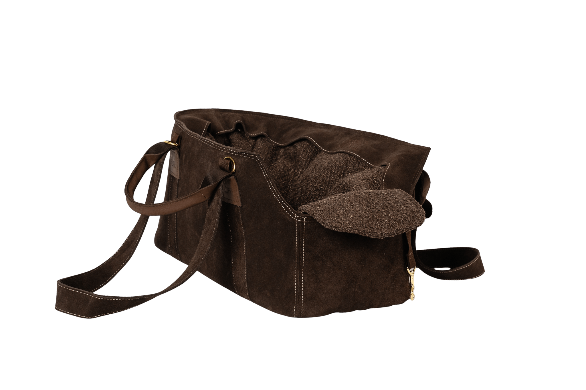Gretas Luxus Wildleder-Hundetasche in Dunkelbraun mit braunem Boucle-Inlay, hochwertige Tragetasche für Hunde bis 9 kg, Premium-Design für kleine bis mittelgroße Hunde